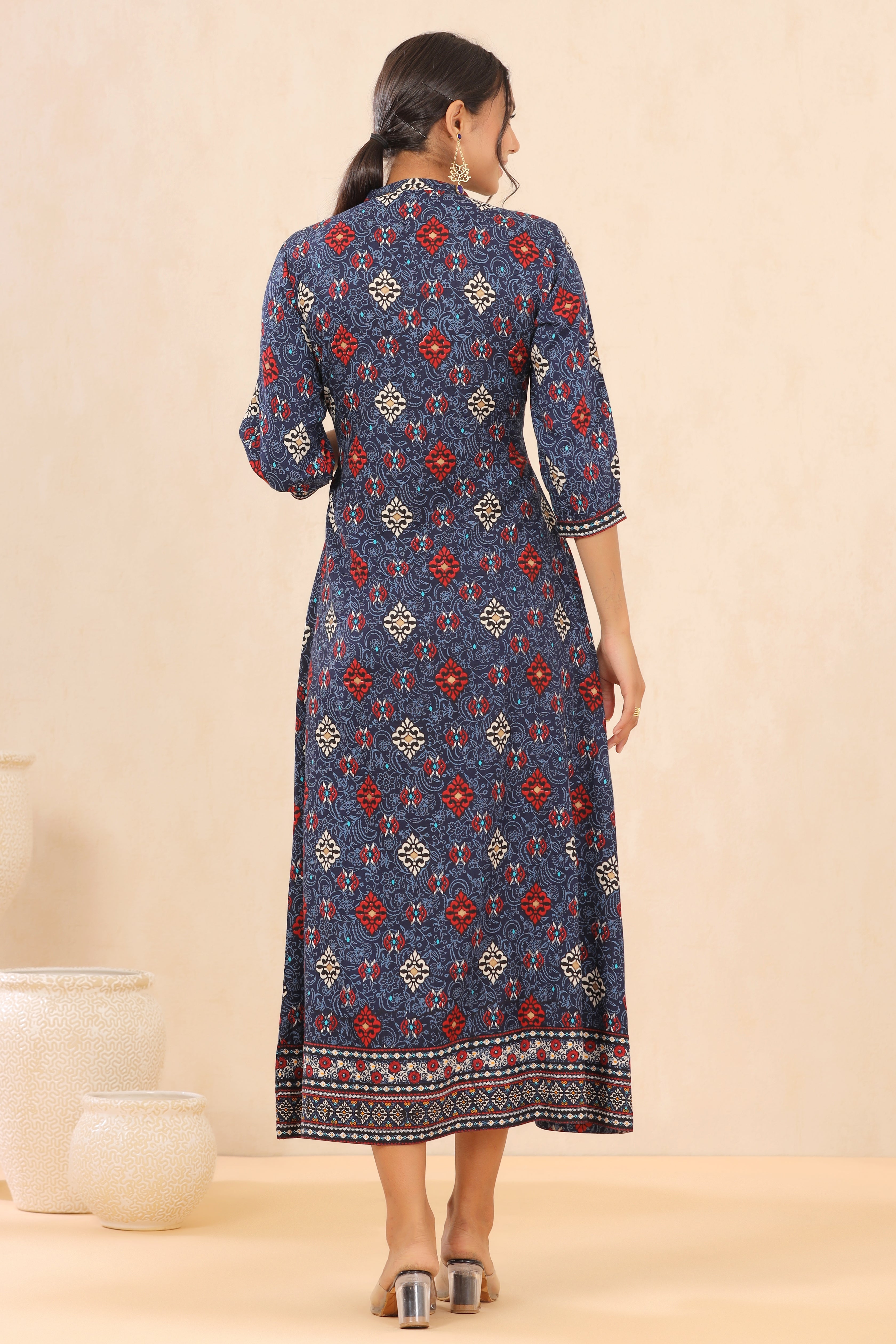 Juniper Indigo Floral Printed Rayon Maxi dress with Lace Work