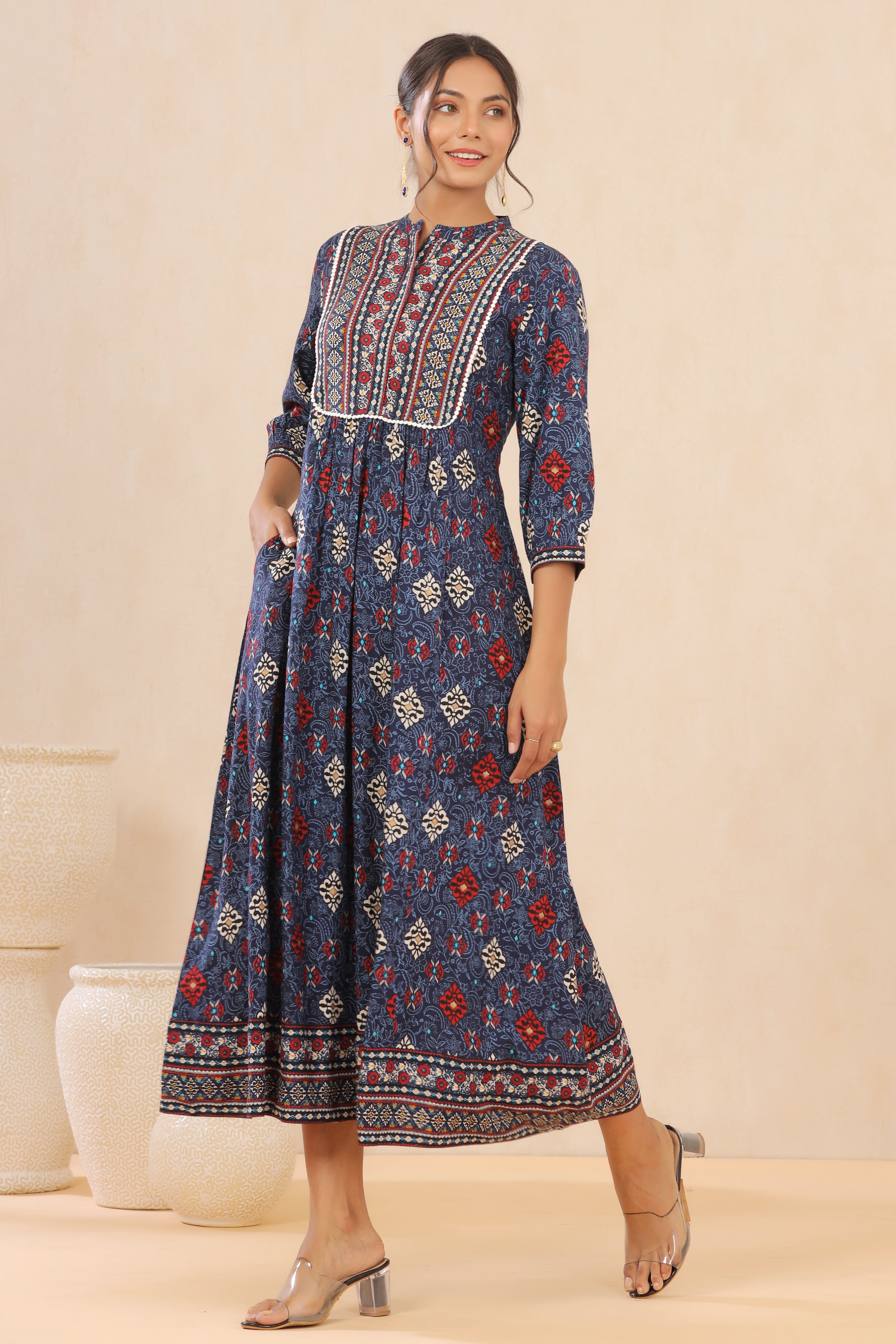 Juniper Indigo Floral Printed Rayon Maxi dress with Lace Work