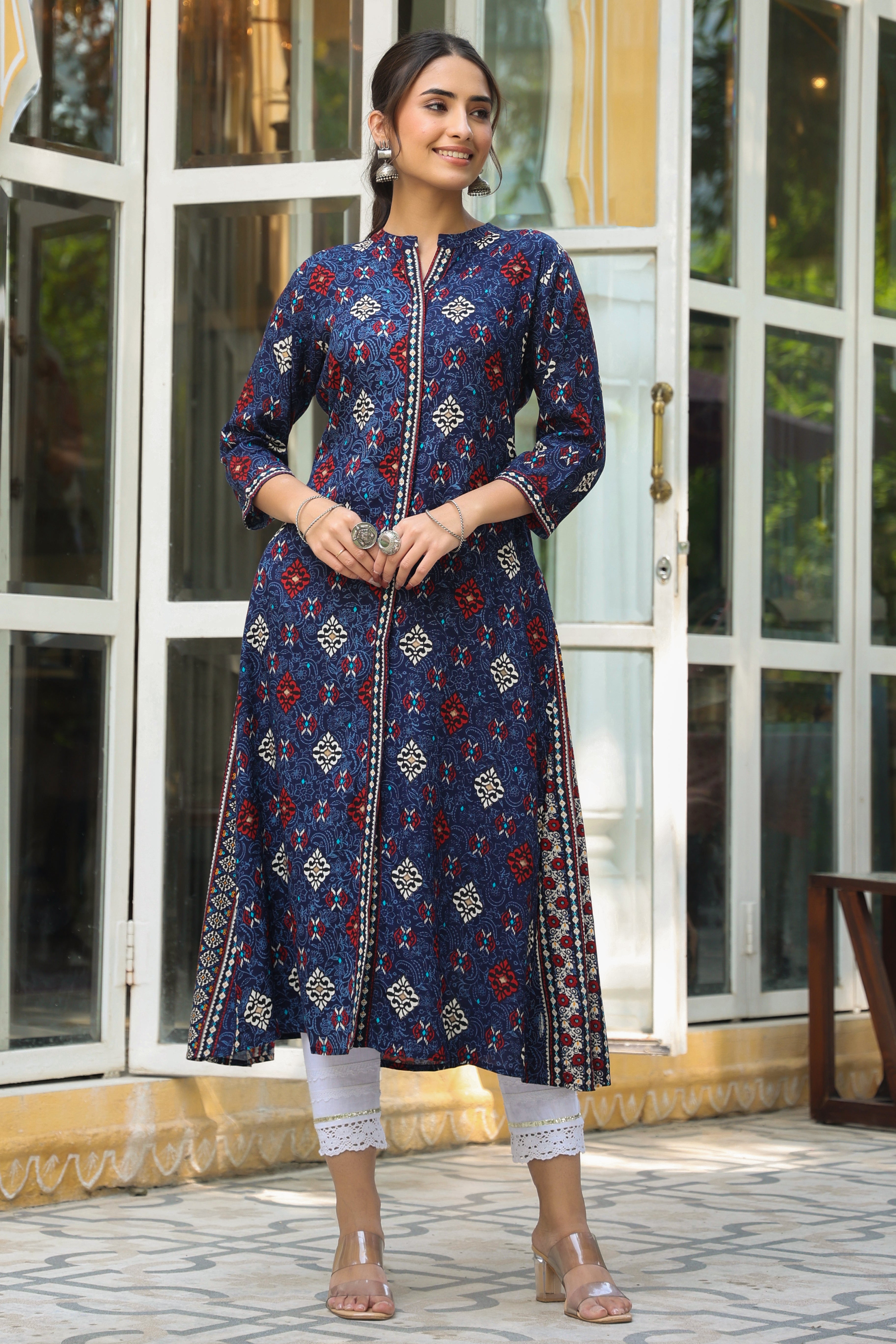 Juniper Indigo Ethnic Motif Printed Rayon A-Line Kurta With Buttons - Juniper Fashion