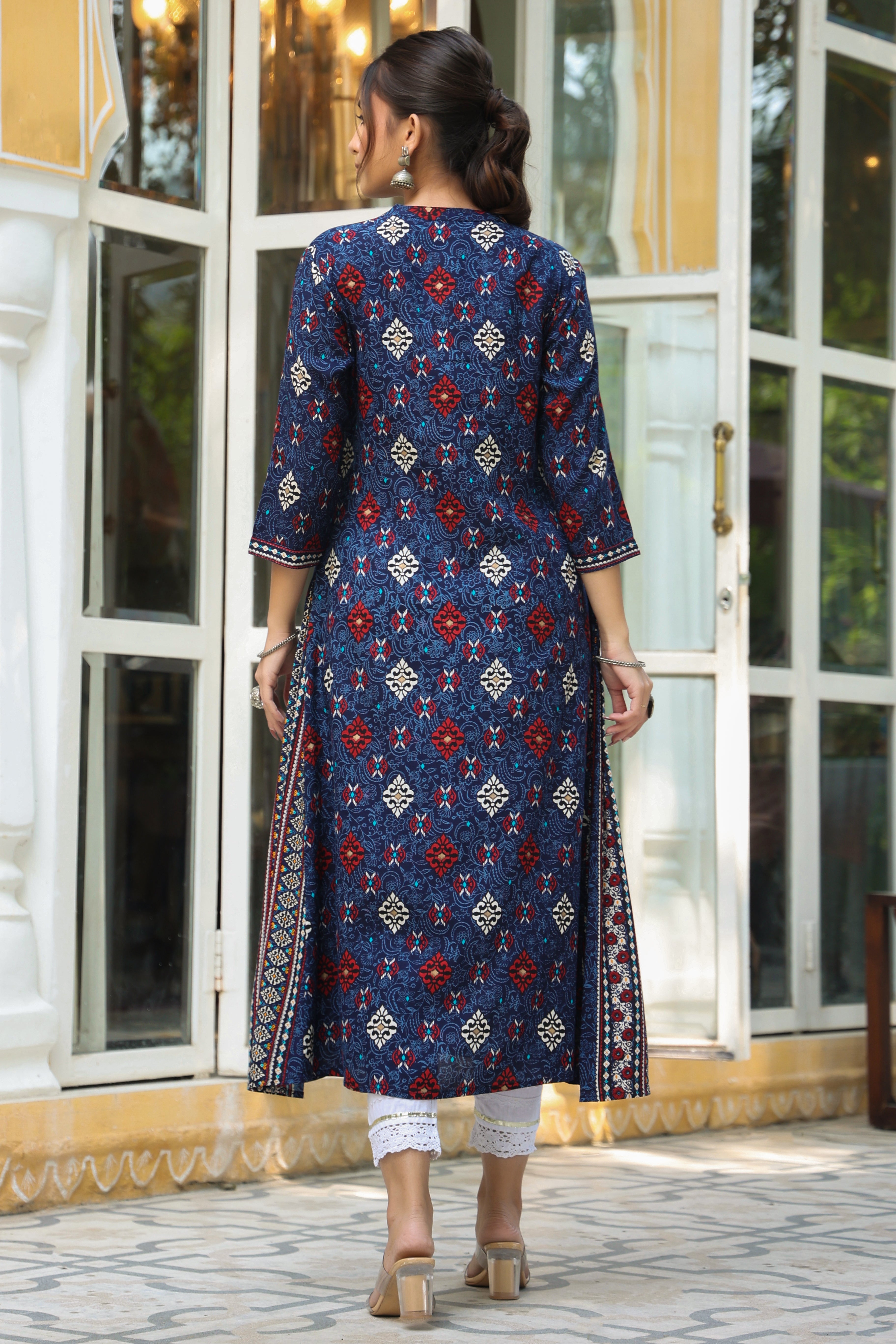 Juniper Indigo Ethnic Motif Printed Rayon A-Line Kurta With Buttons - Juniper Fashion