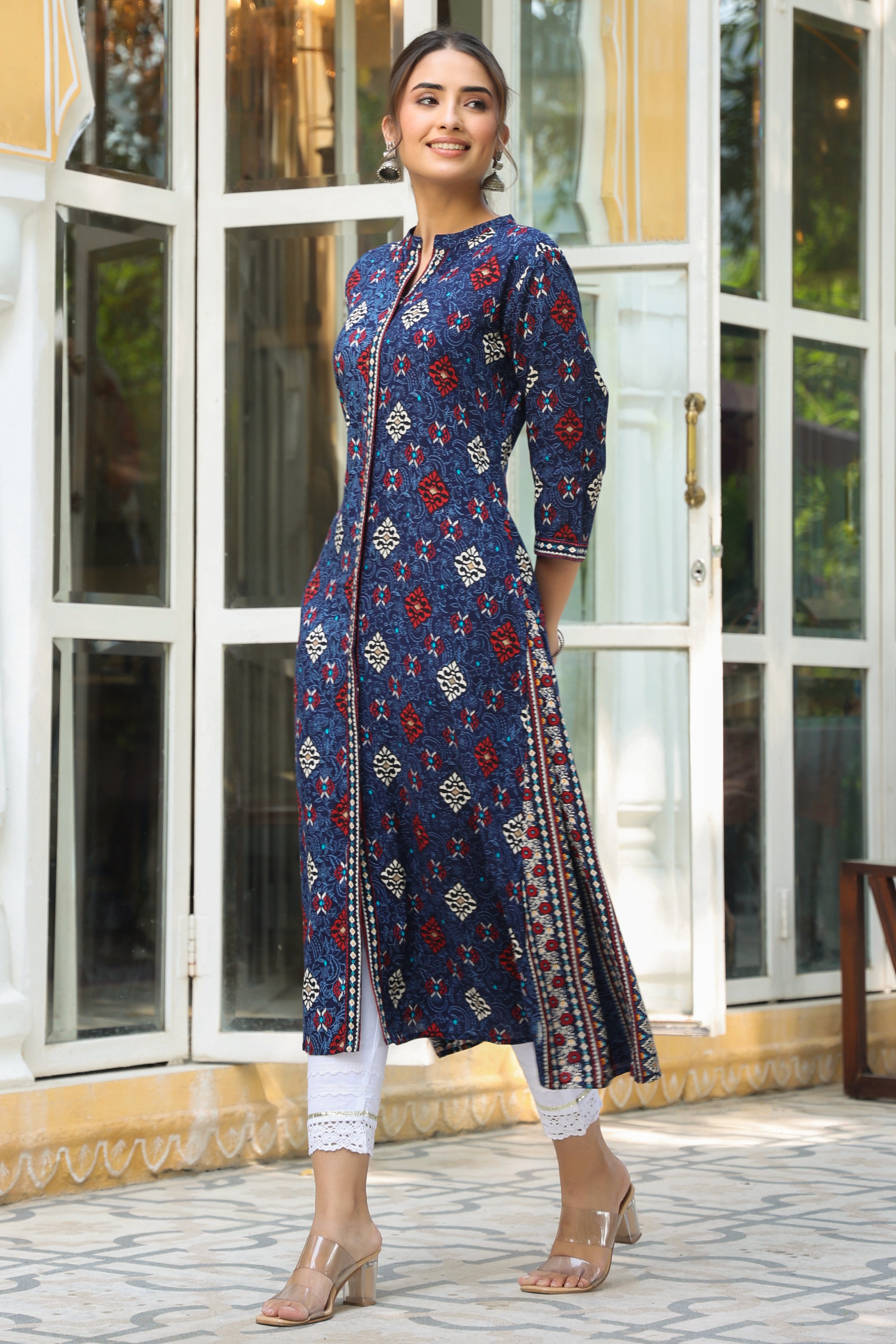 Juniper Indigo Ethnic Motif Printed Rayon A-Line Kurta With Buttons - Juniper Fashion