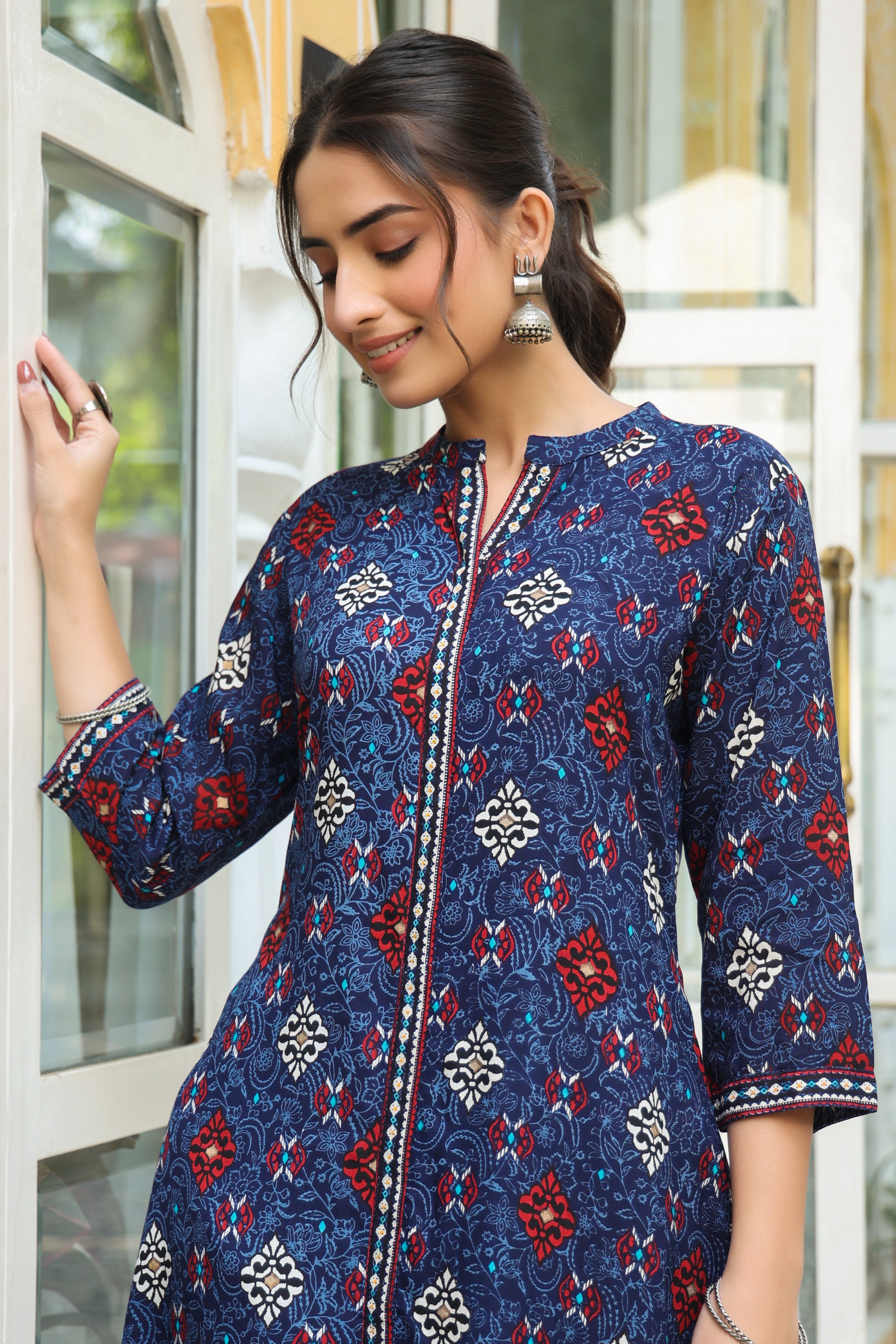 Juniper Indigo Ethnic Motif Printed Rayon A-Line Kurta With Buttons - Juniper Fashion