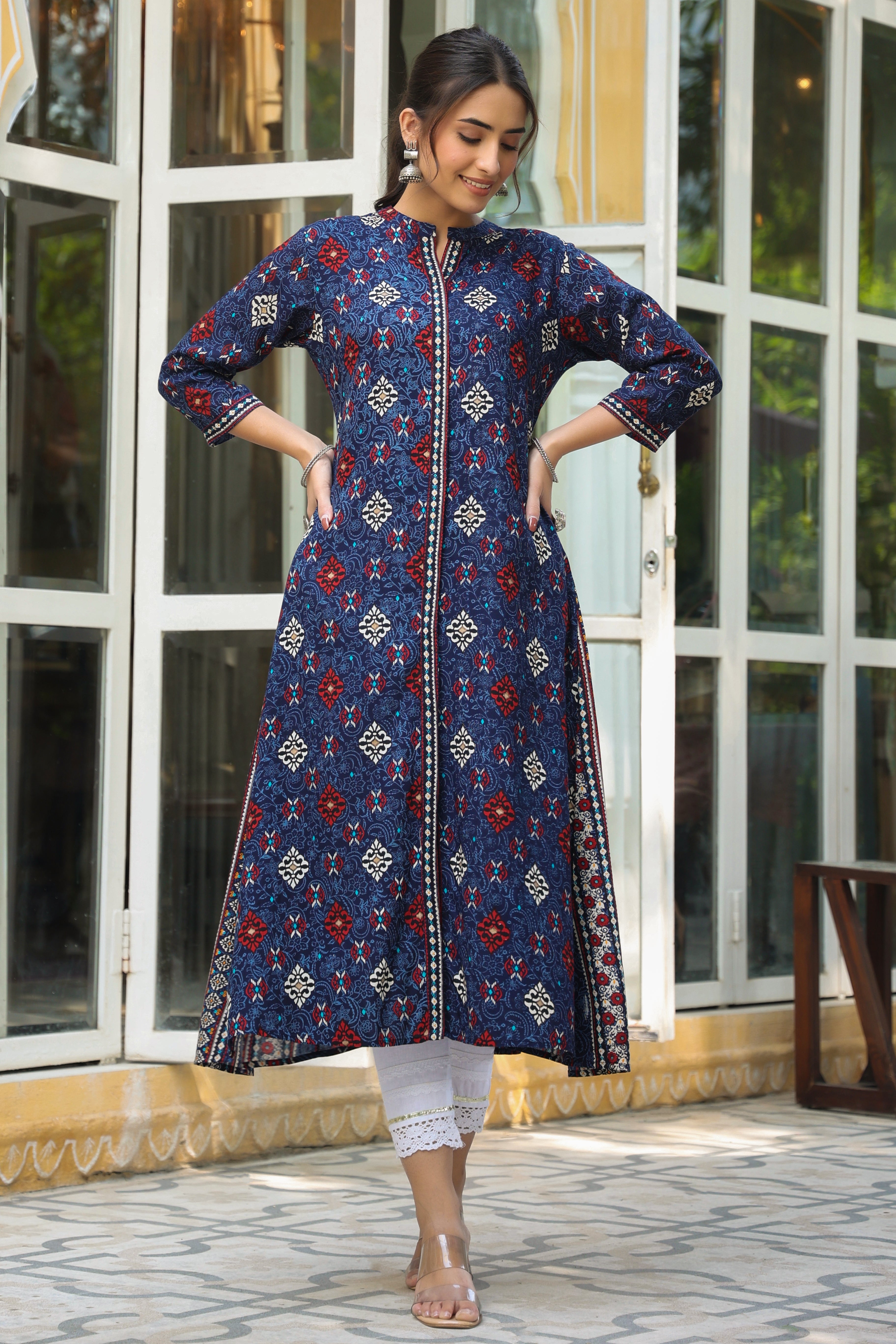Juniper Indigo Ethnic Motif Printed Rayon A-Line Kurta With Buttons - Juniper Fashion