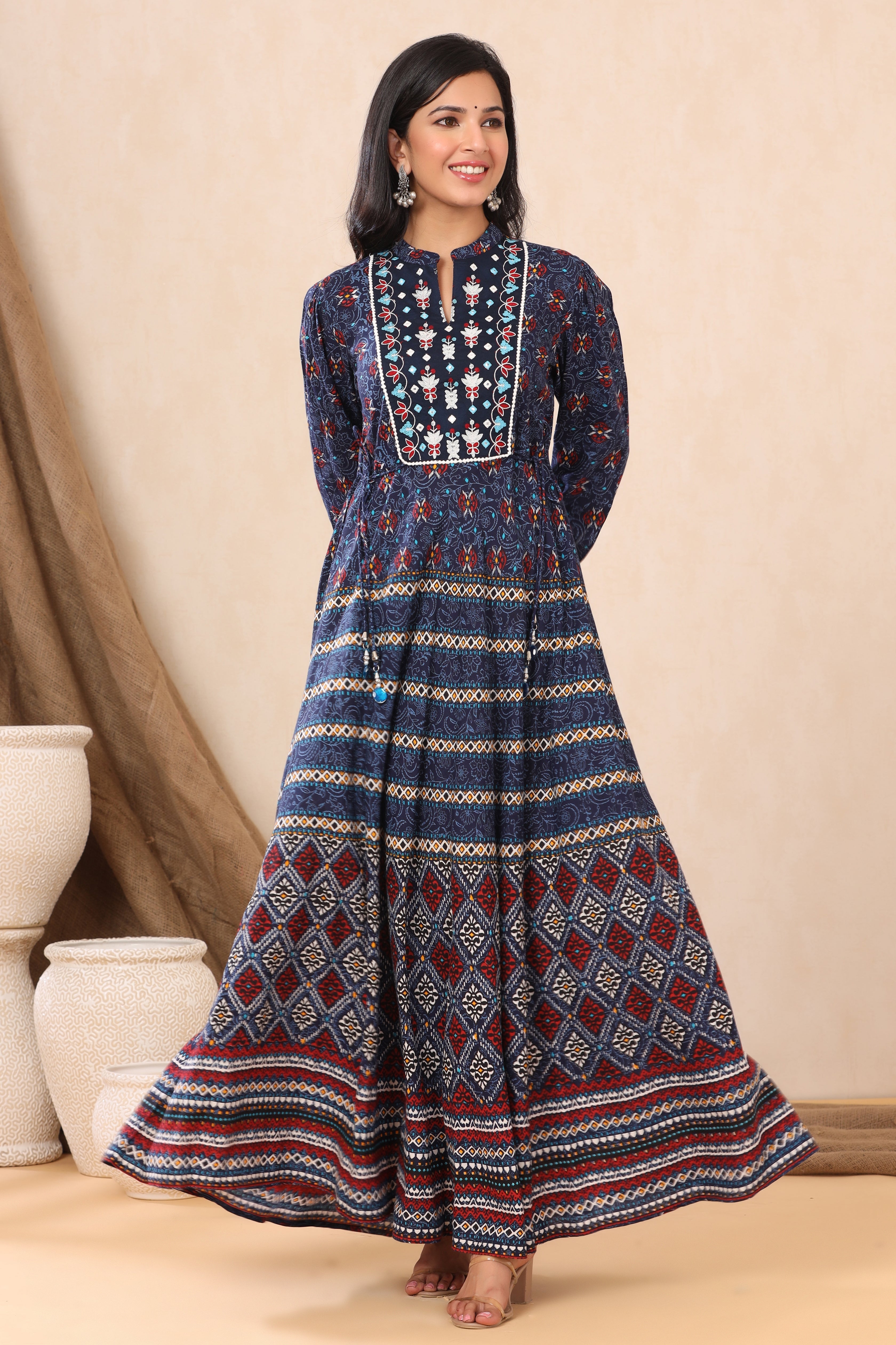 Juniper Indigo Ethnic Motif Printed & Embroidered Rayon Maxi Dress - Juniper Fashion