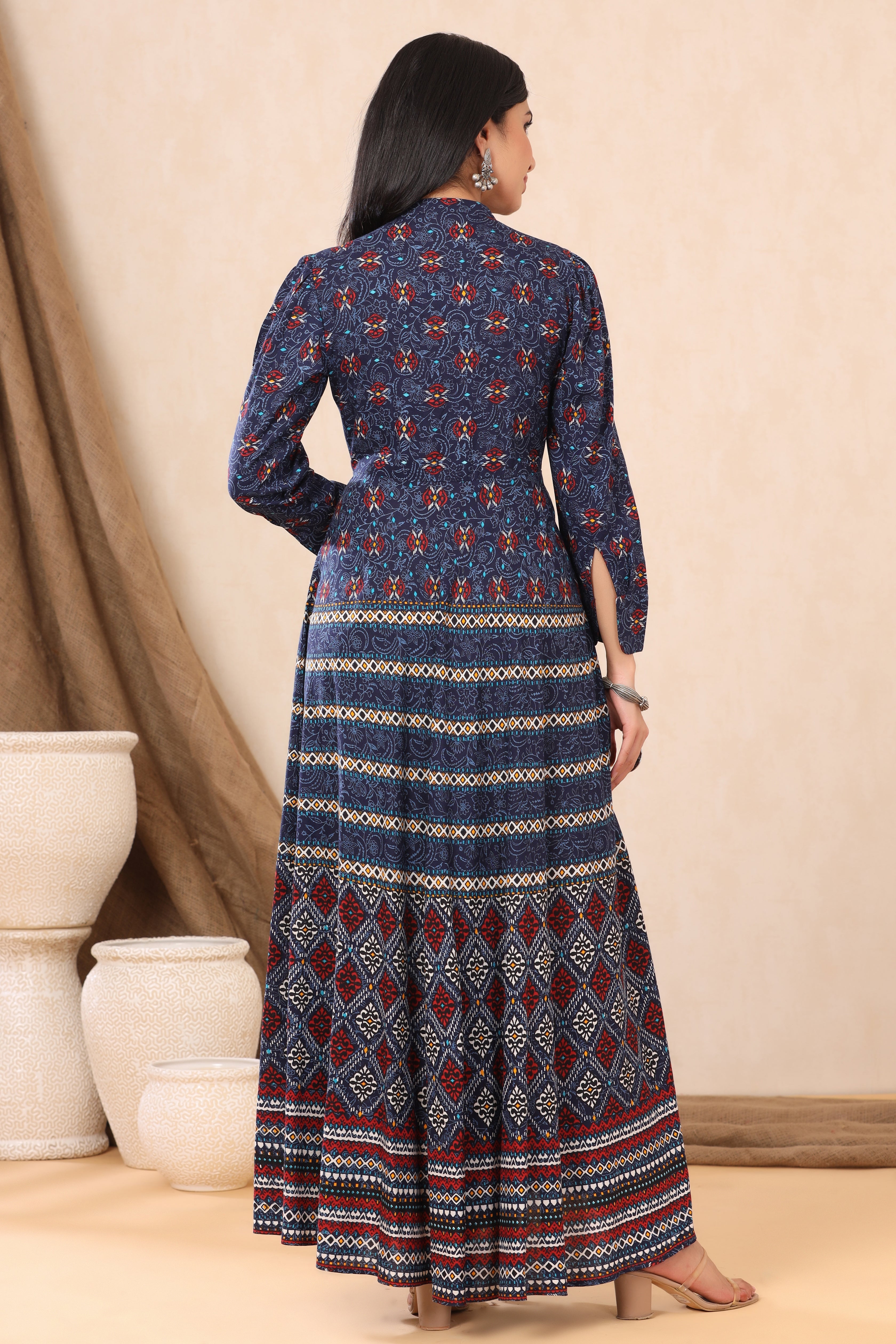 Juniper Indigo Ethnic Motif Printed & Embroidered Rayon Maxi Dress - Juniper Fashion