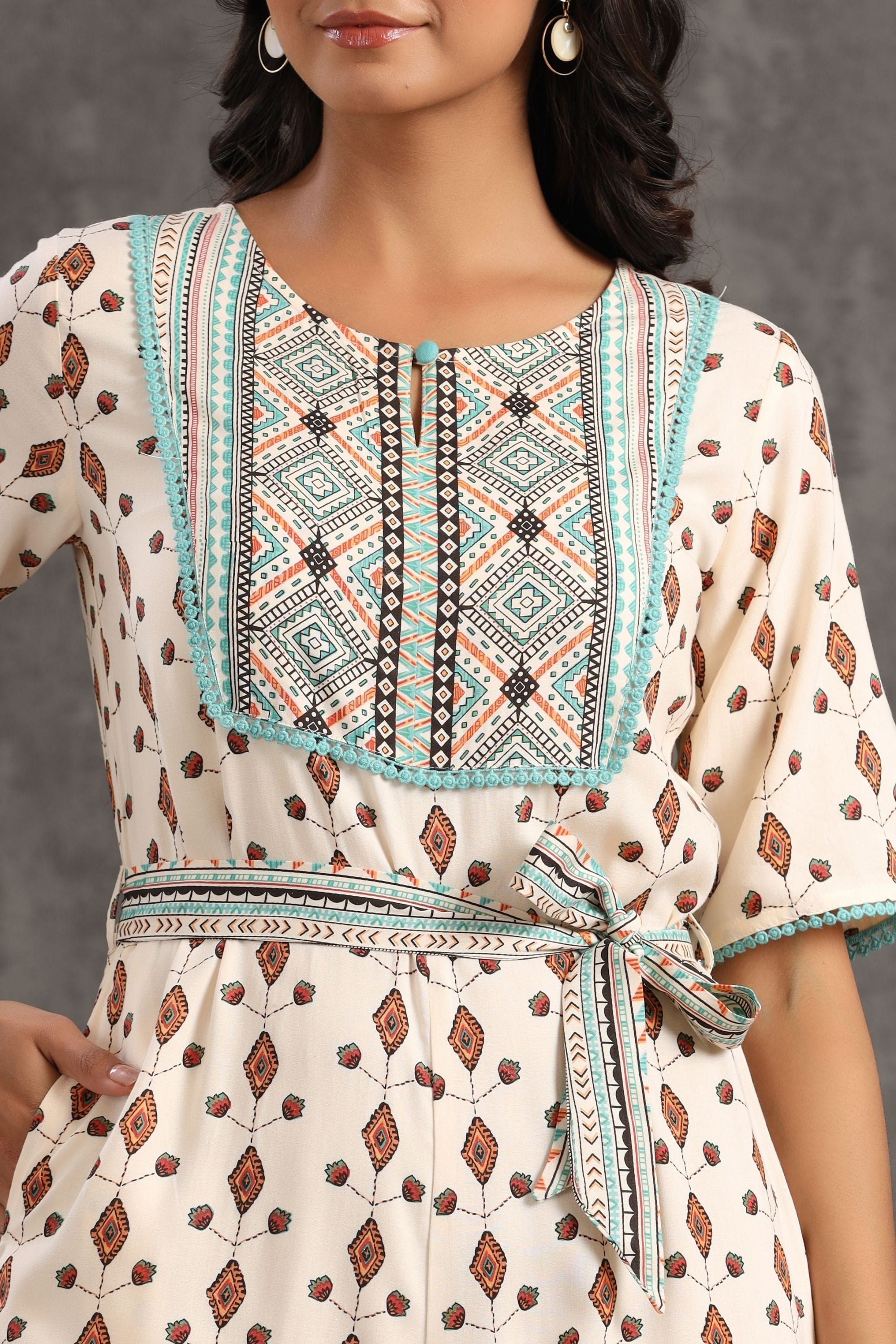 Juniper Ivory Ethnic Motif Printed Rayon Jumpsuit With Zip - Juniper Fashion