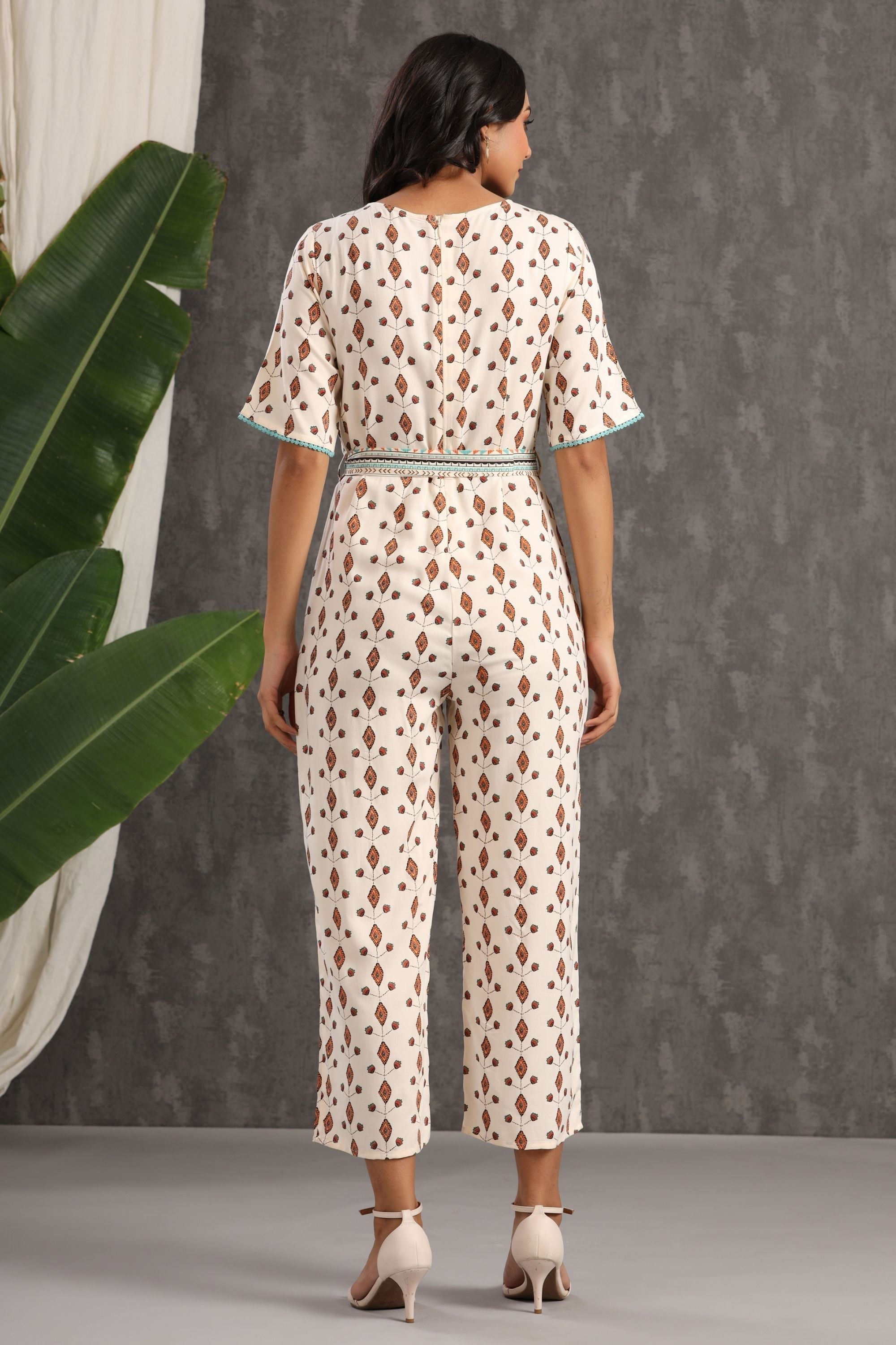 Juniper Ivory Ethnic Motif Printed Rayon Jumpsuit With Zip - Juniper Fashion