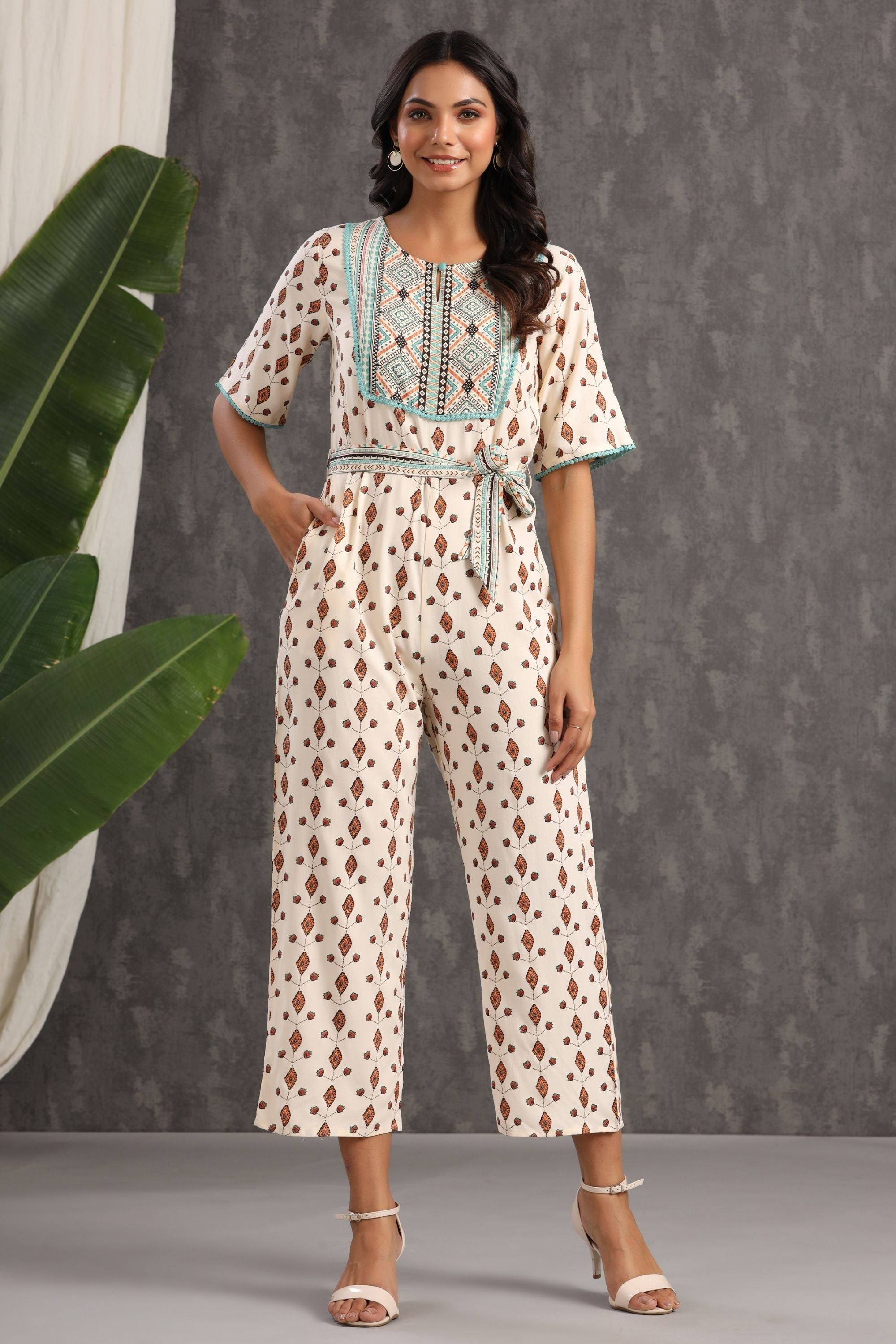 Juniper Ivory Ethnic Motif Printed Rayon Jumpsuit With Zip - Juniper Fashion