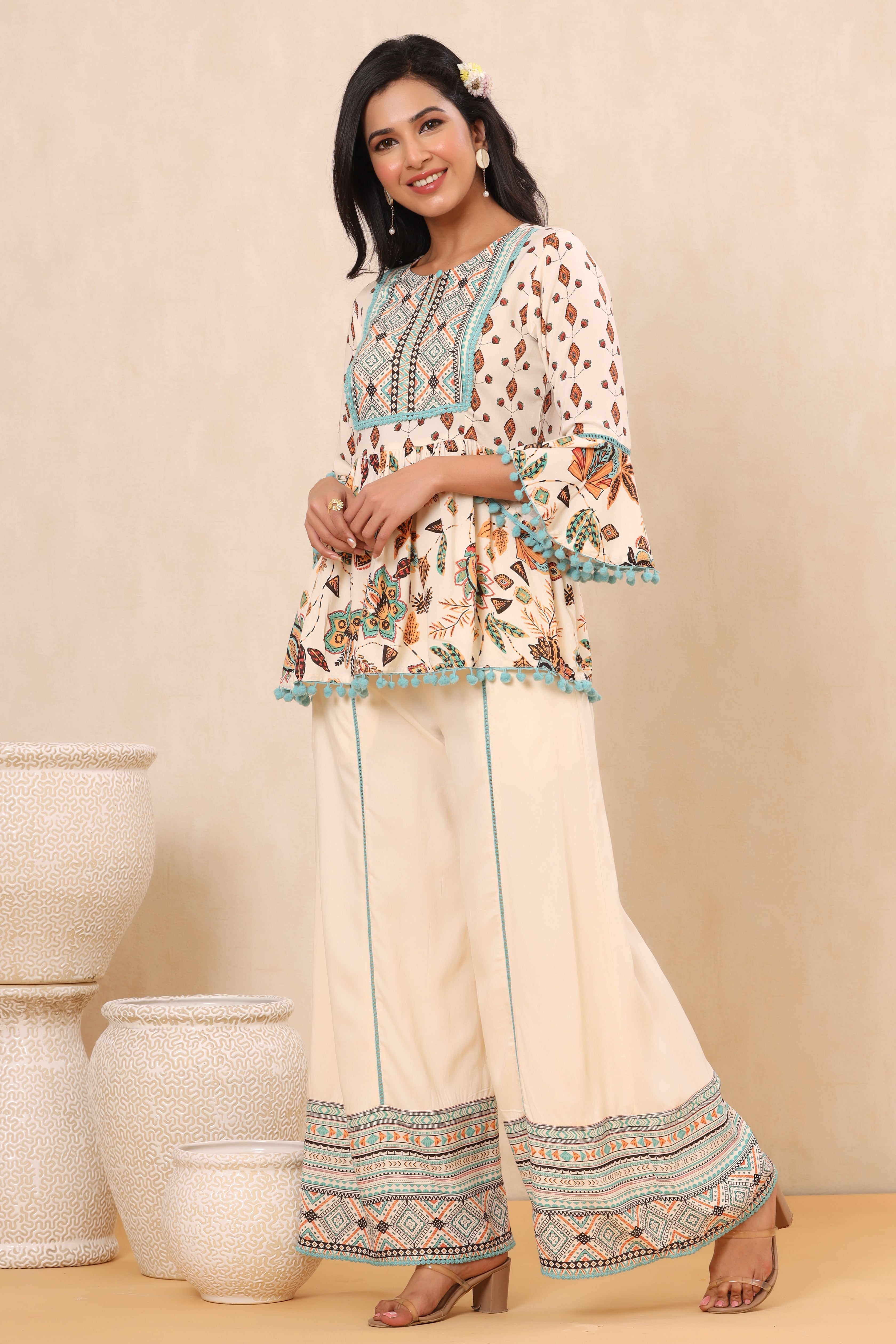 Juniper Ivory LIVA Rayon Printed Peplum Top Palazzo Set - Juniper Fashion