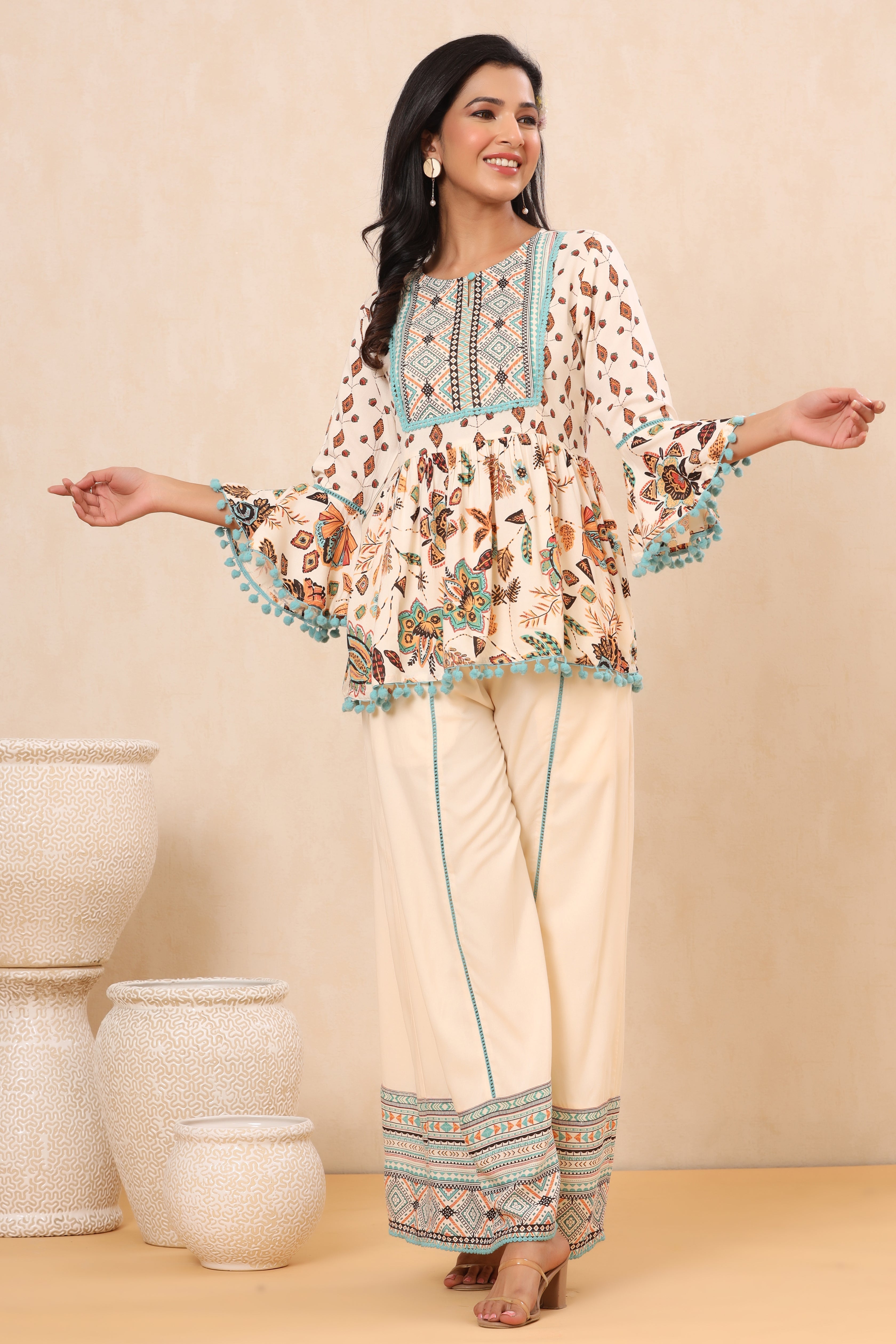 Juniper Ivory LIVA Rayon Printed Peplum Top Palazzo Set - Juniper Fashion