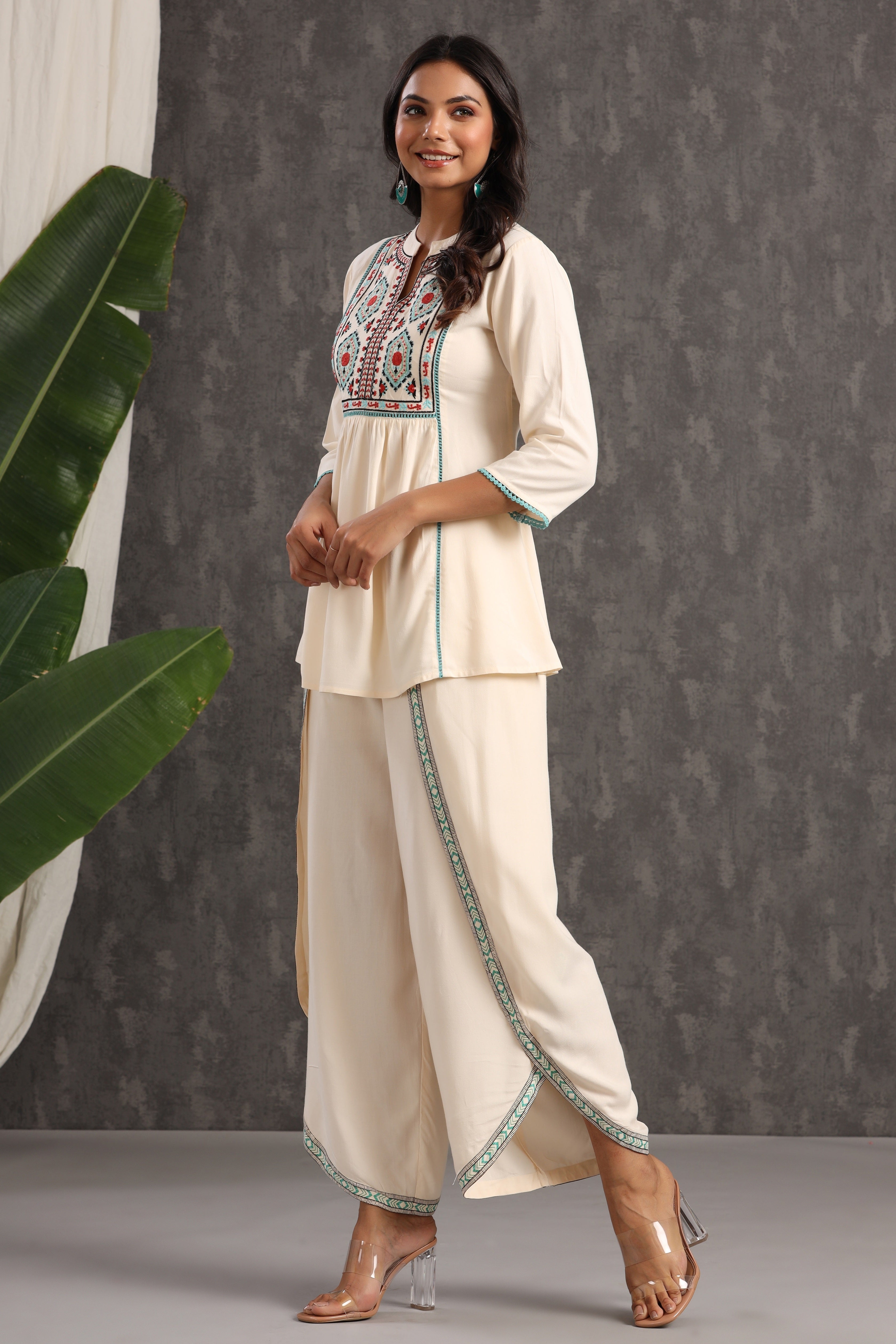 Juniper Ivory Rayon Thread Embroidered Co-Ord Set With Lace Detail - Juniper Fashion