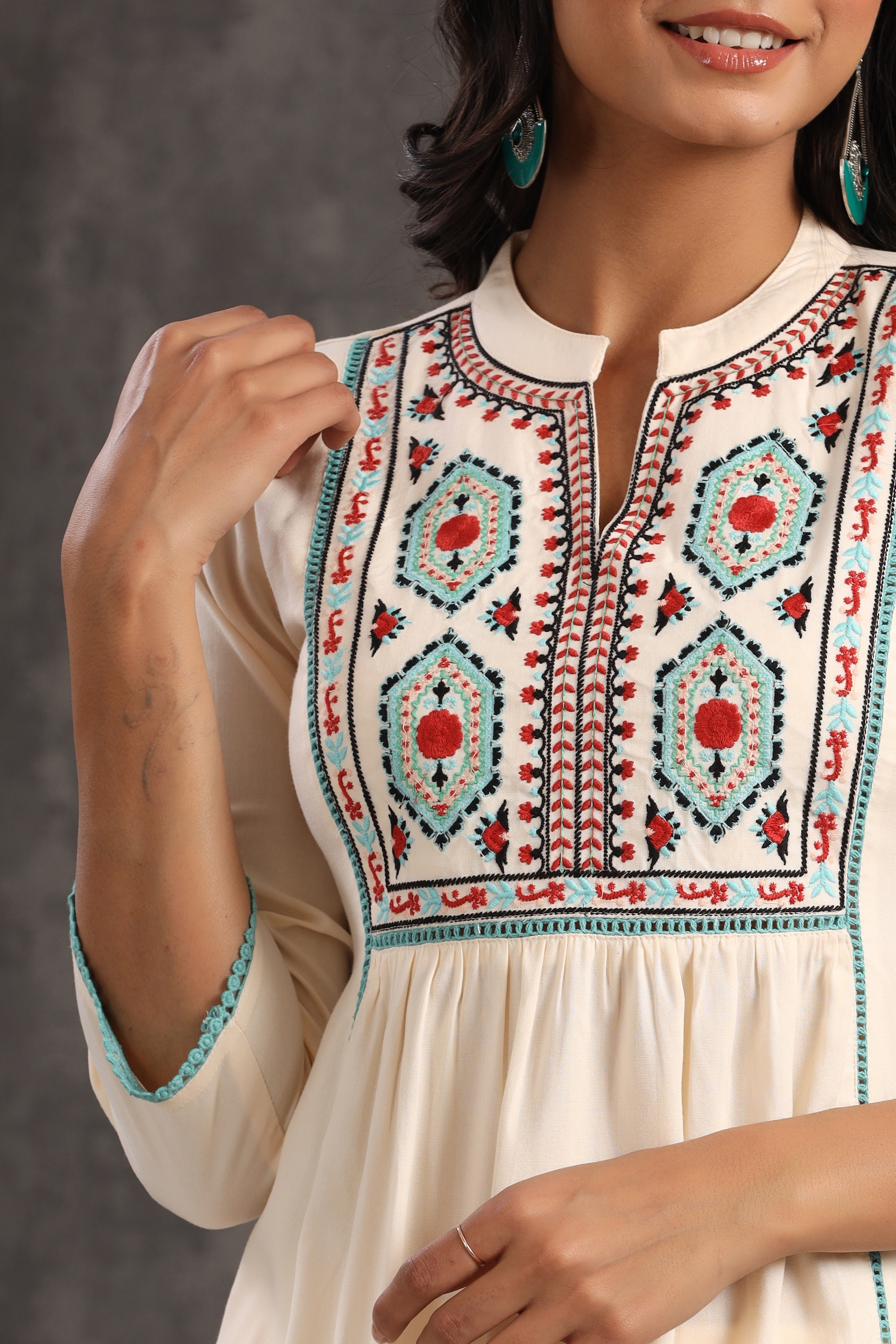 Juniper Ivory Rayon Thread Embroidered Co-Ord Set With Lace Detail - Juniper Fashion