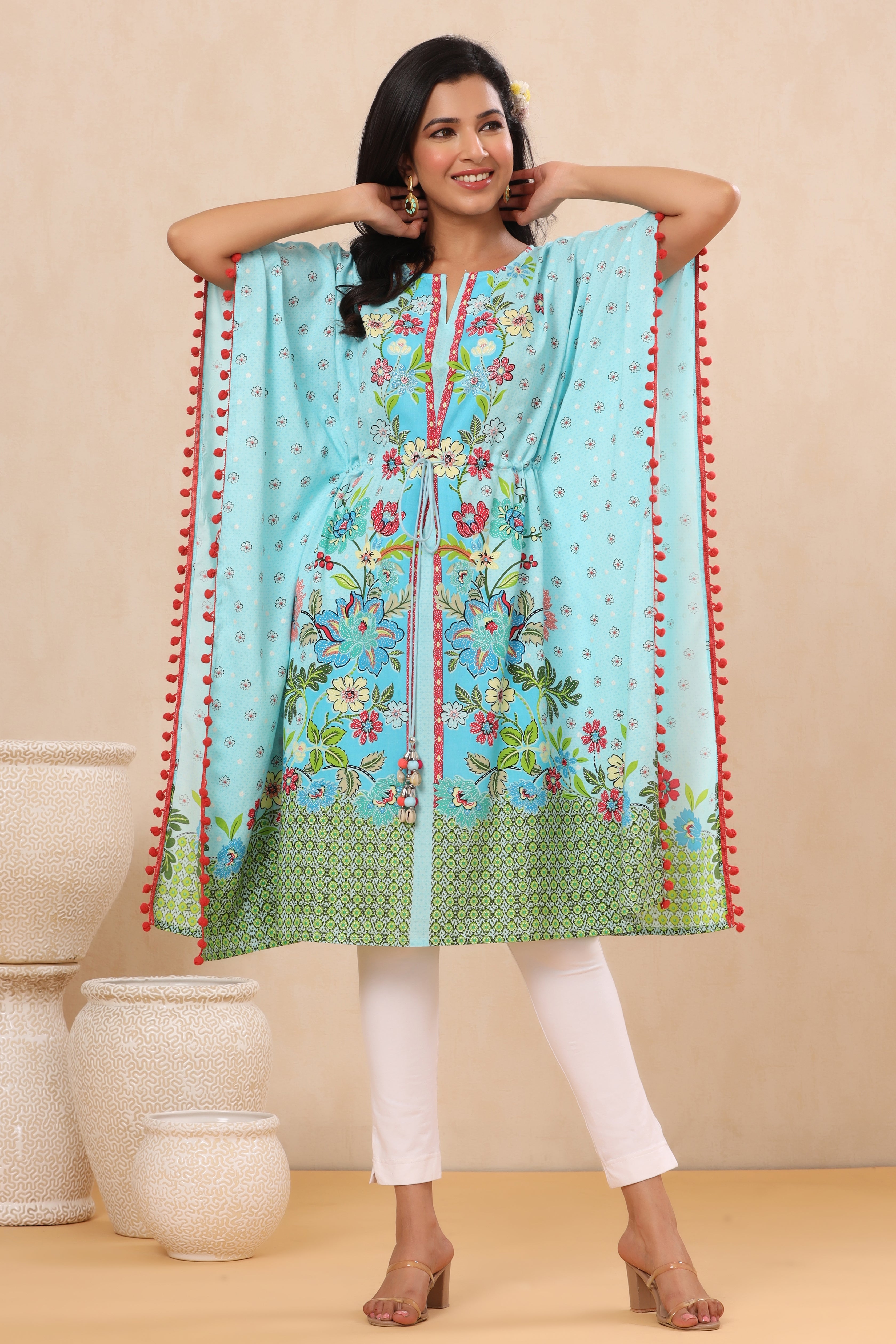 Juniper Sky Blue Floral Printed Calf-Length Rayon Kaftan. - Juniper Fashion