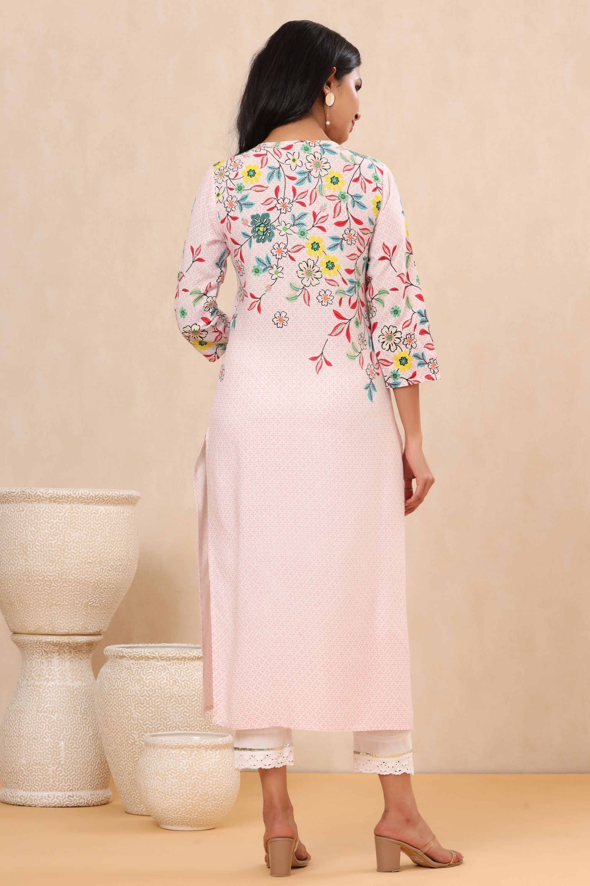 Juniper Pink Floral Printed Rayon Kurta With Sequins & Beads Work