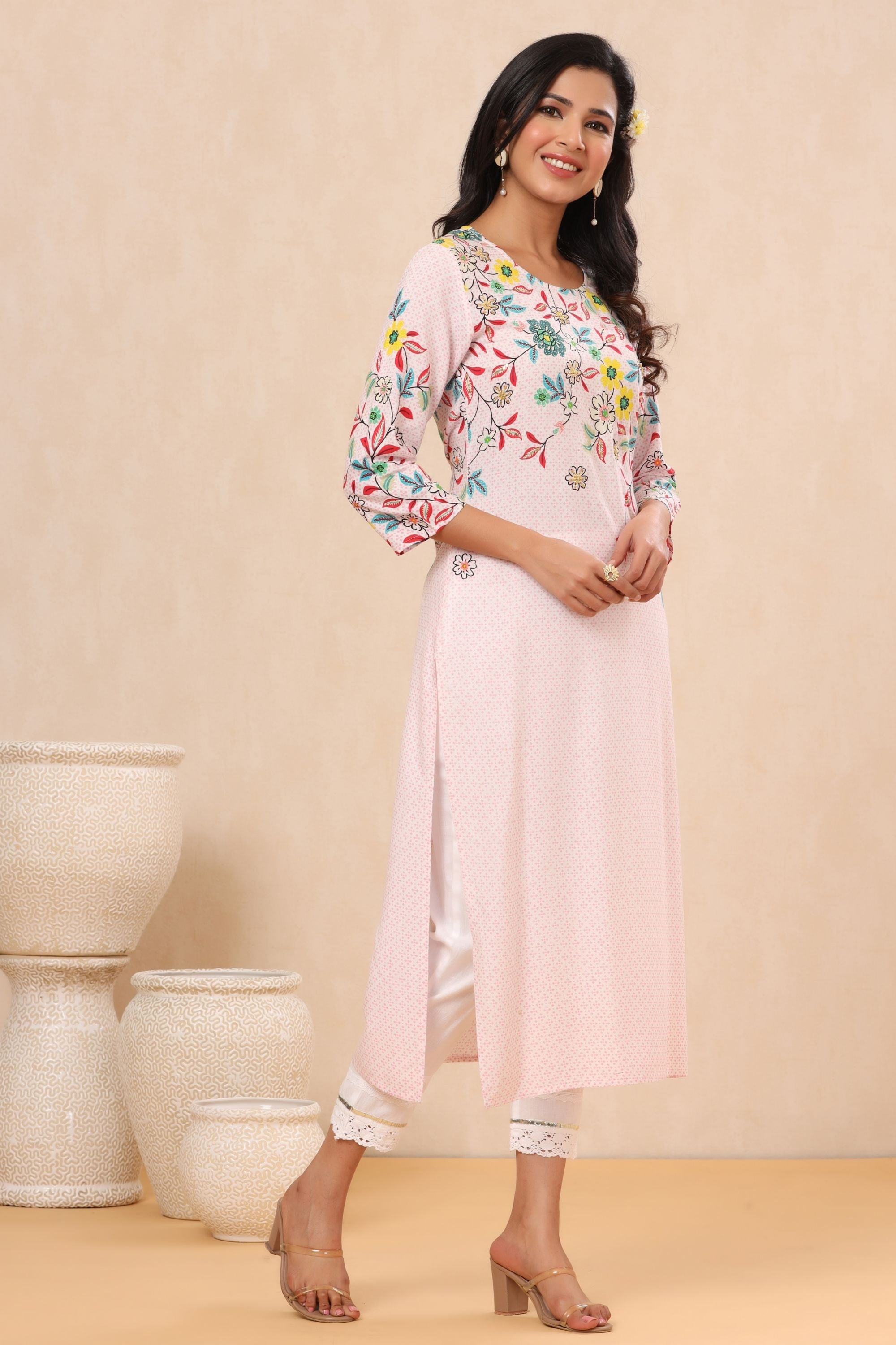 Juniper Pink Floral Printed Rayon Kurta With Sequins & Beads Work