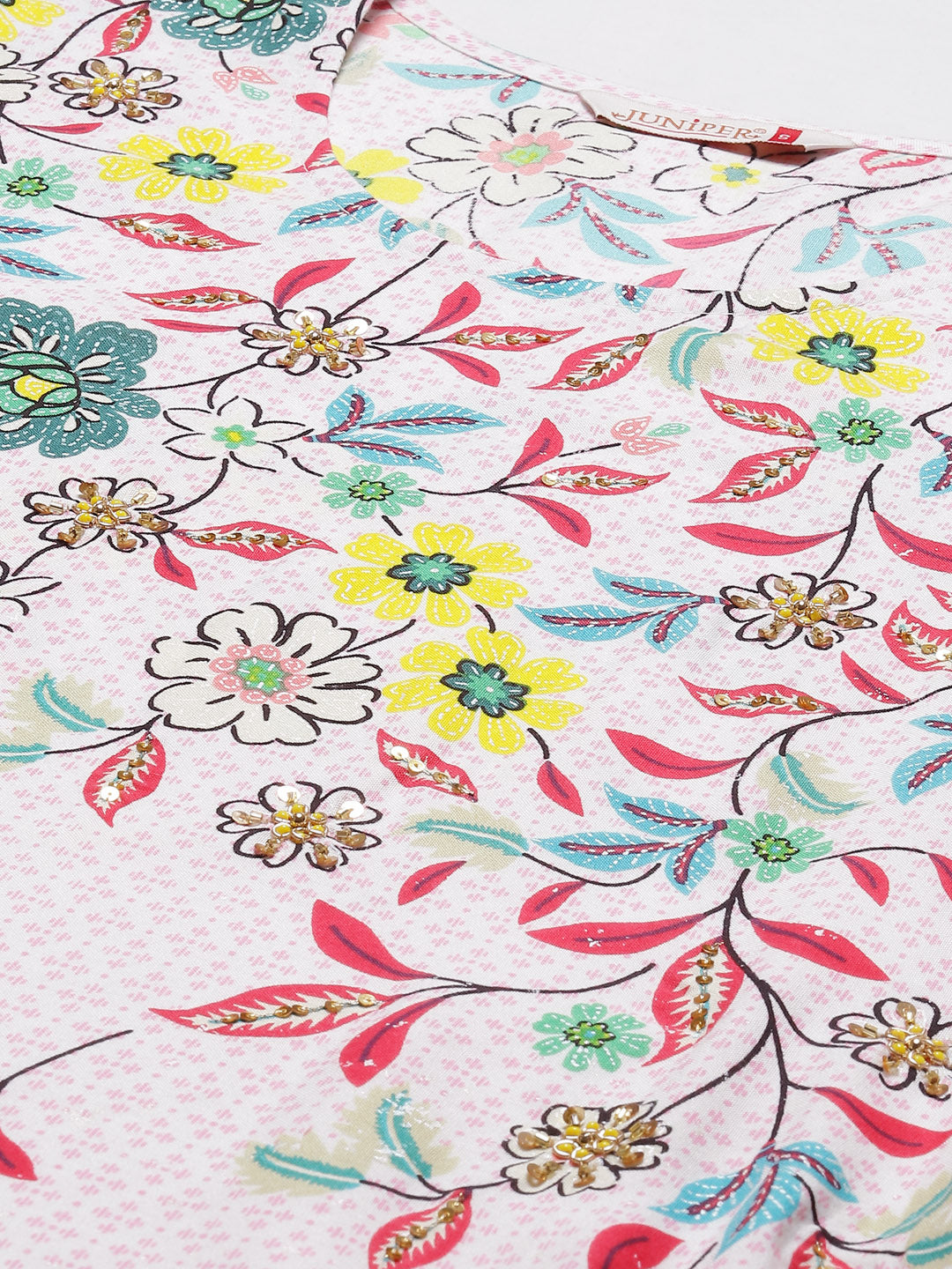 Juniper Pink Floral Printed Rayon Kurta With Sequins & Beads Work