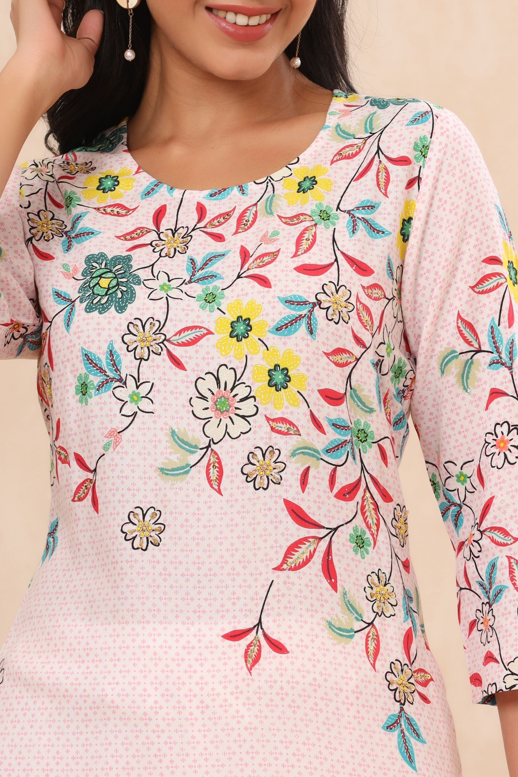 Juniper Pink Floral Printed Rayon Kurta With Sequins & Beads Work