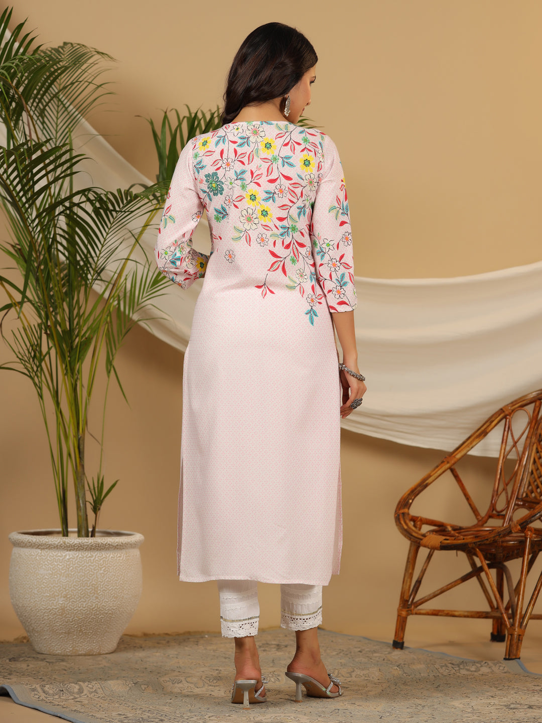 Juniper Pink Floral Printed Rayon Kurta & Pant Set with Beads & Sequins Work