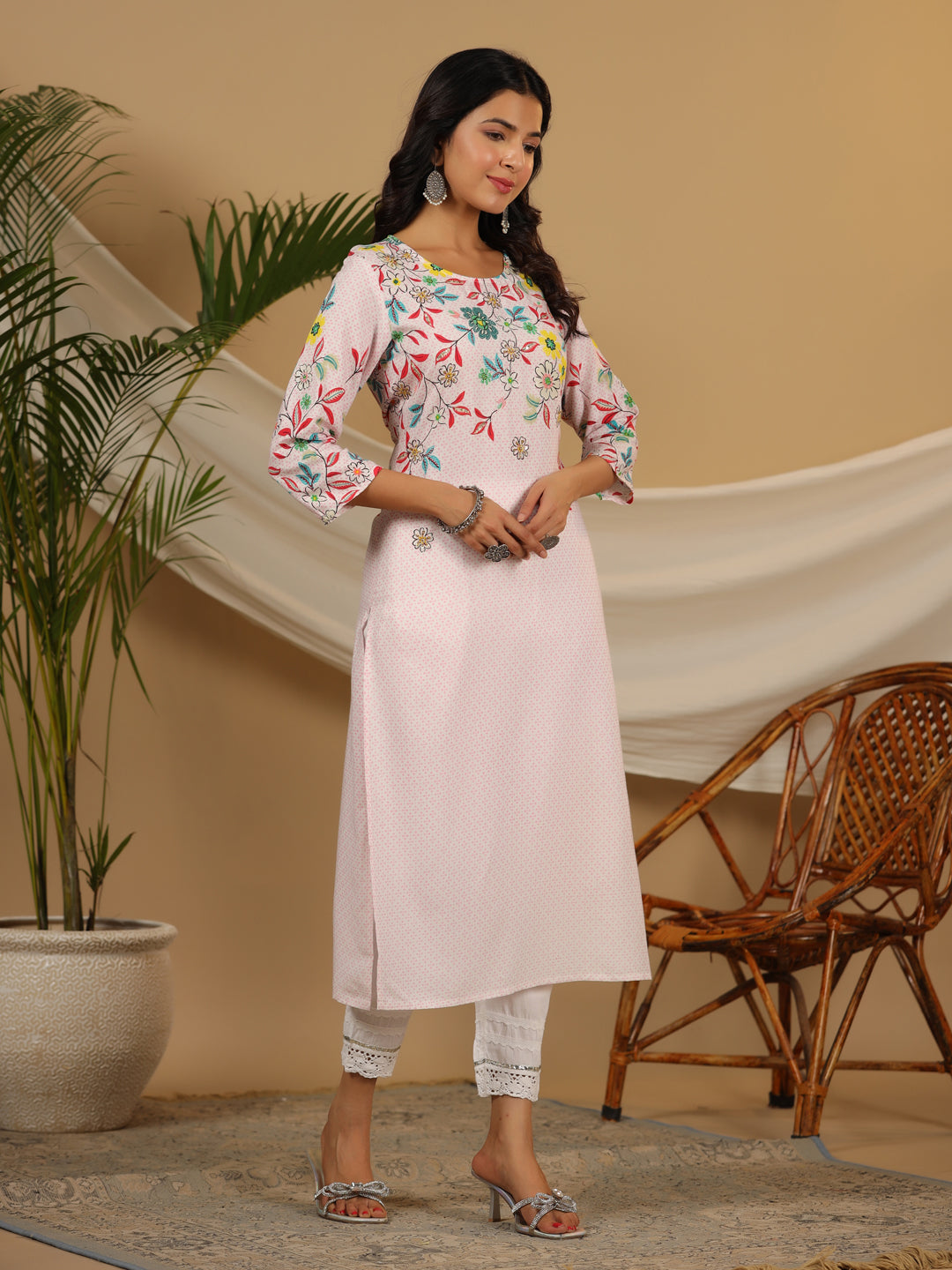 Juniper Pink Floral Printed Rayon Kurta & Pant Set with Beads & Sequins Work