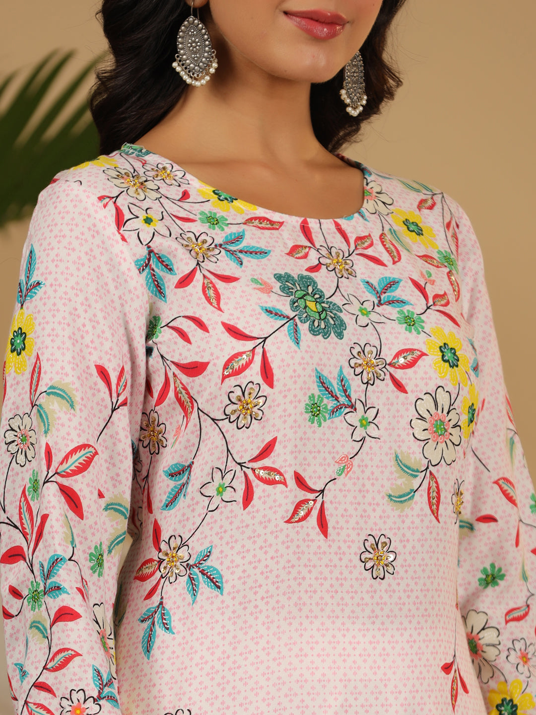 Juniper Pink Floral Printed Rayon Kurta & Pant Set with Beads & Sequins Work