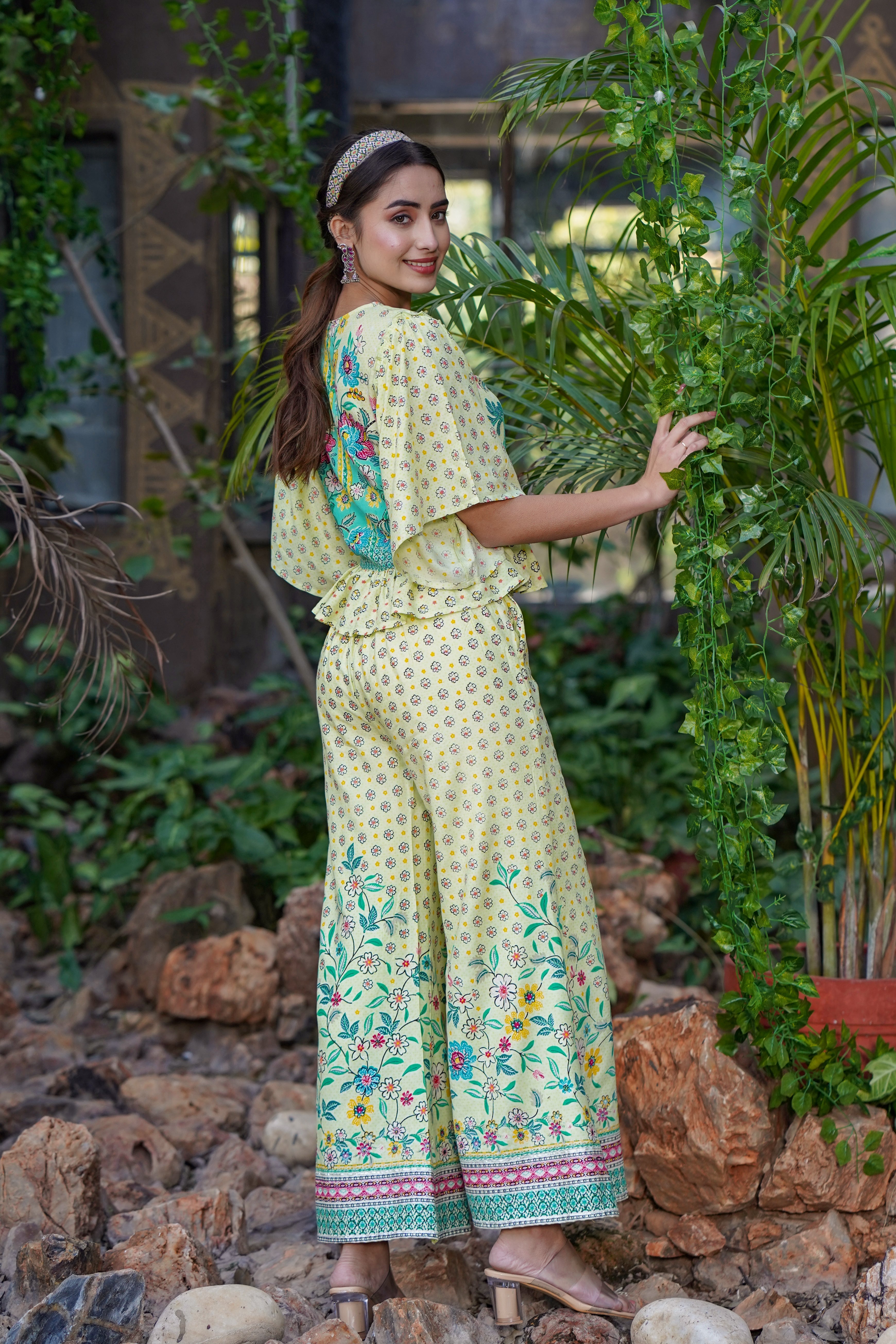 Juniper Lime LIVA Rayon Floral Print Peplum Top Palazzo Set