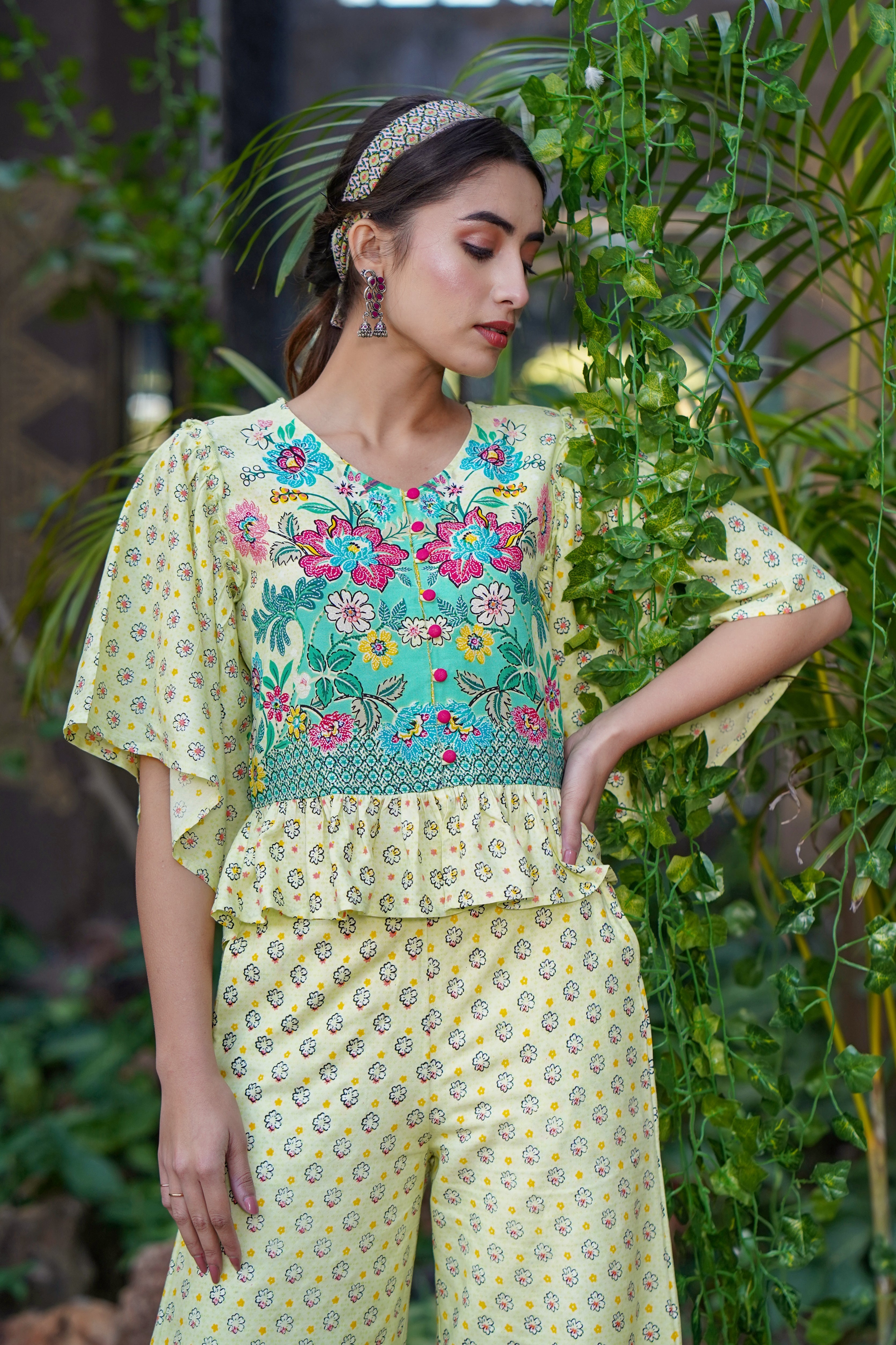 Juniper Lime LIVA Rayon Floral Print Peplum Top Palazzo Set