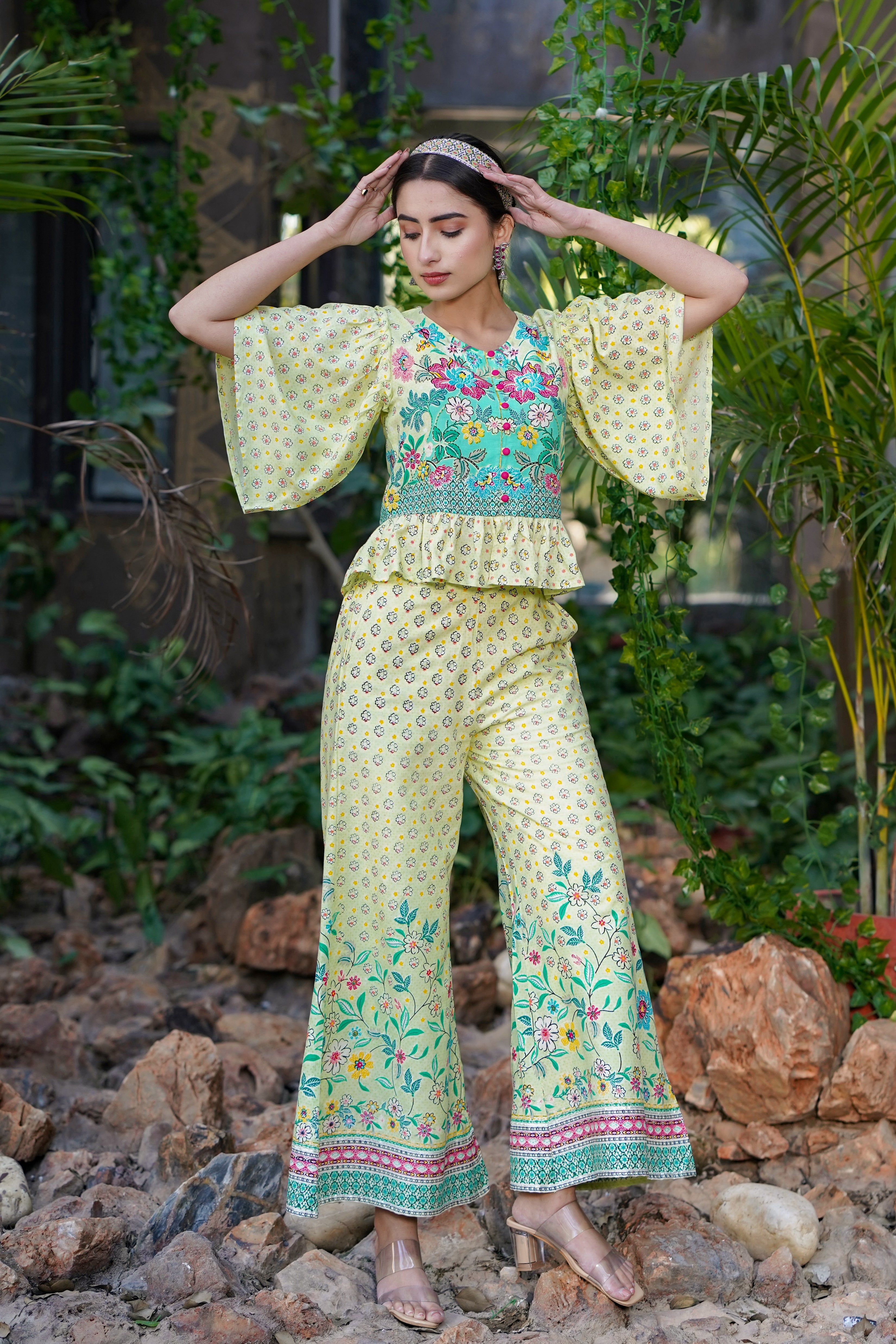 Juniper Lime LIVA Rayon Floral Print Peplum Top Palazzo Set