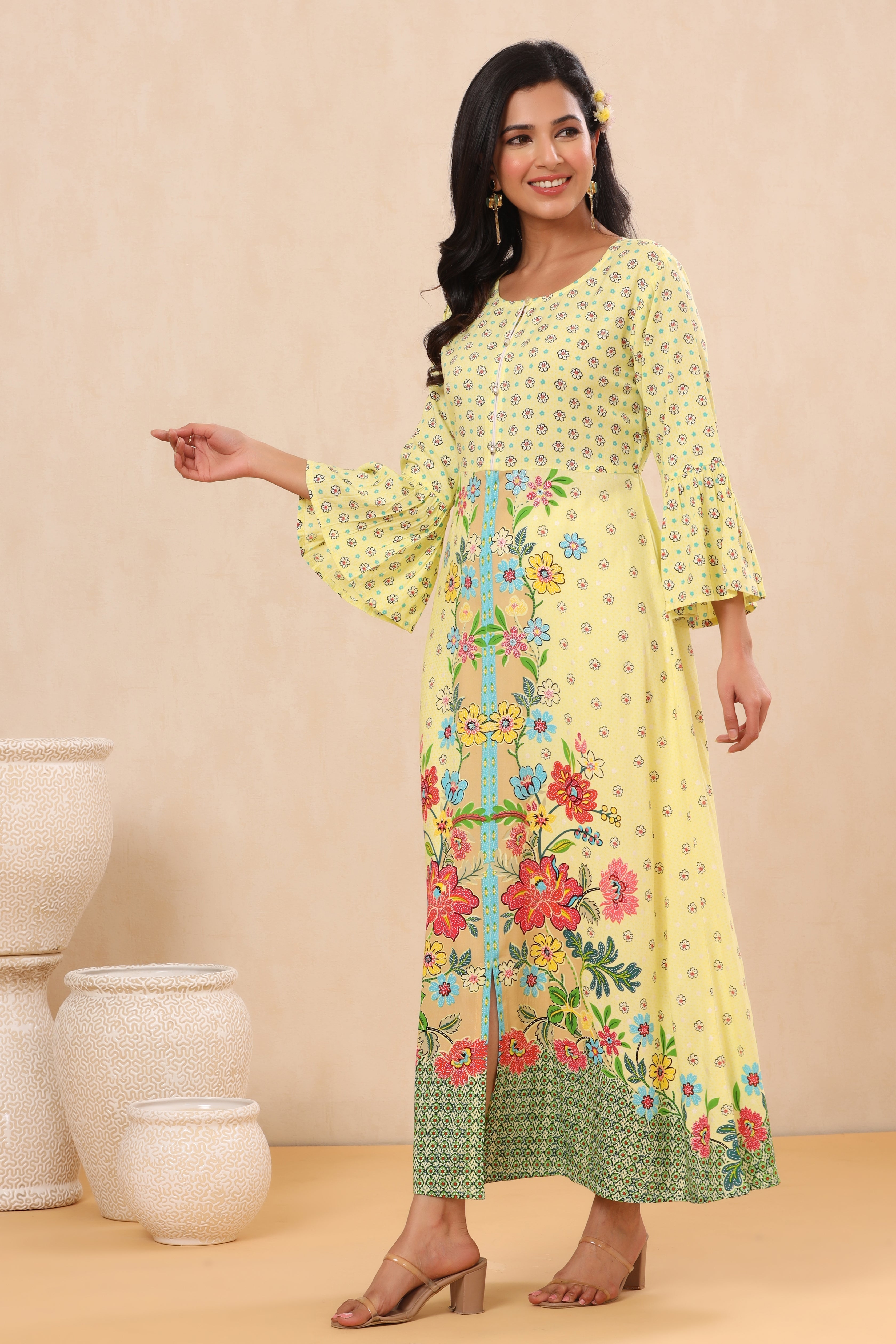 Juniper Lime LIVA Rayon Printed A-Line Kurta - Juniper Fashion