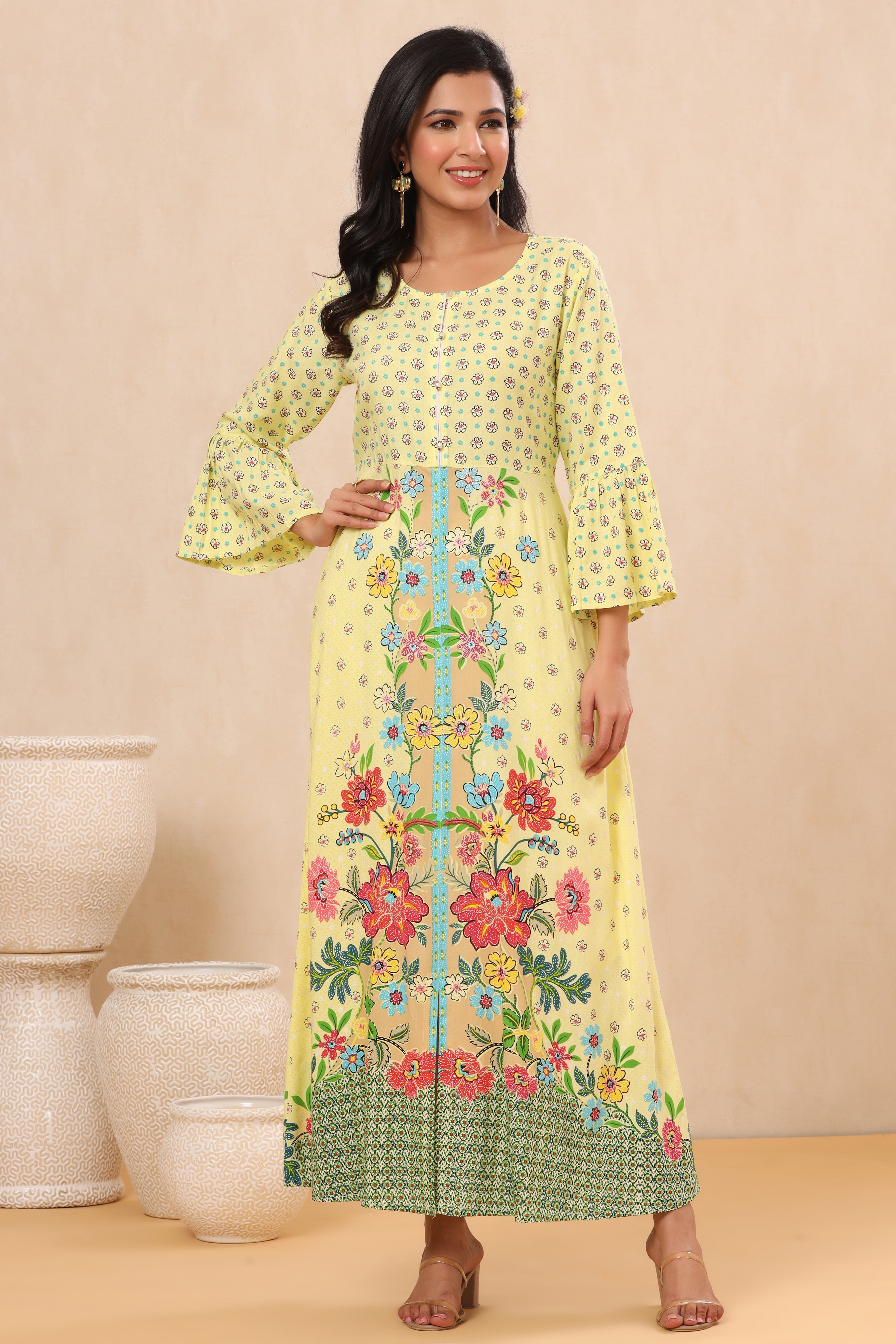 Juniper Lime LIVA Rayon Printed A-Line Kurta - Juniper Fashion