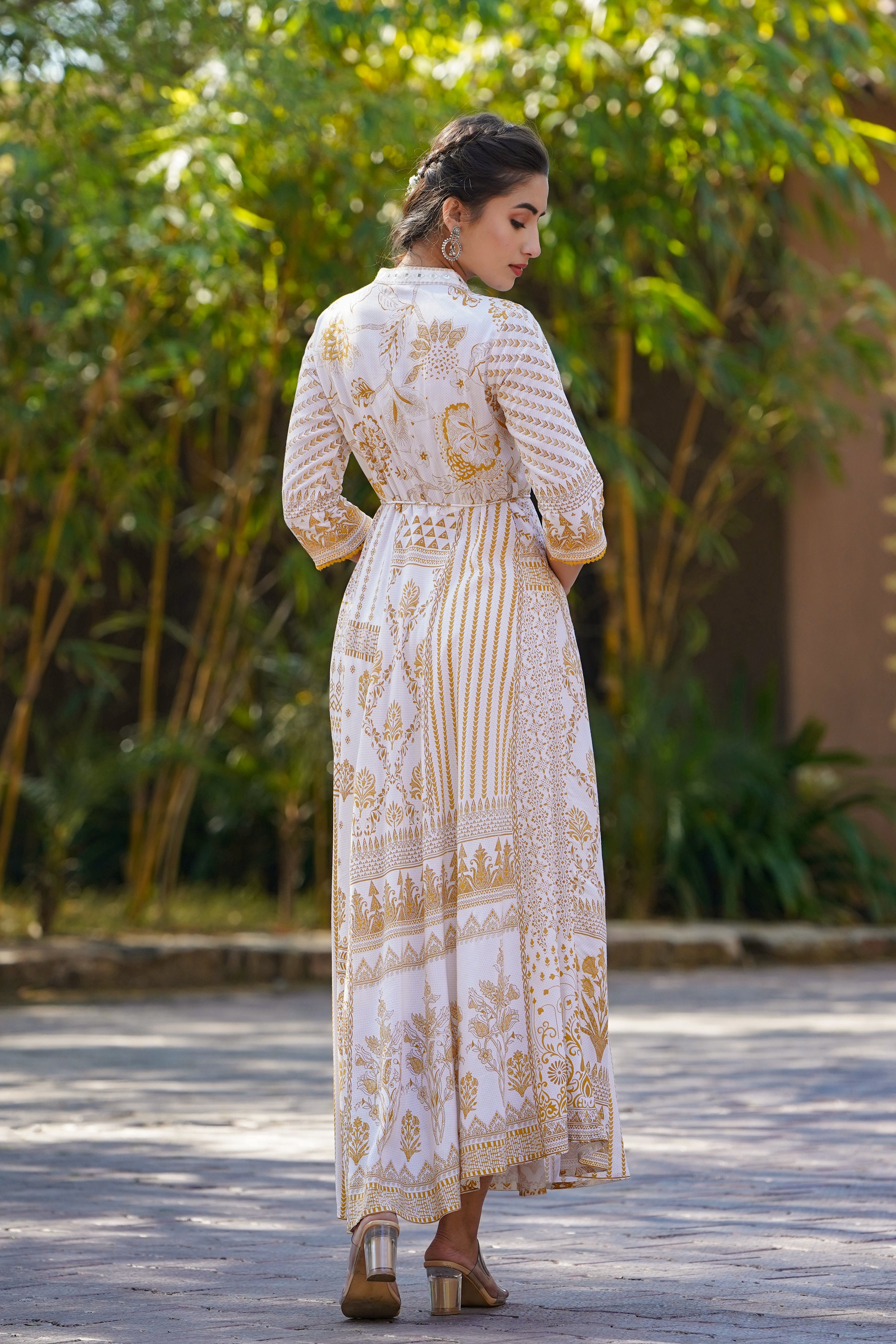 Juniper Mustard Printed Rayon Lacy Maxi Dress With Mirror Embroidered Neckline & Tassels At Waist