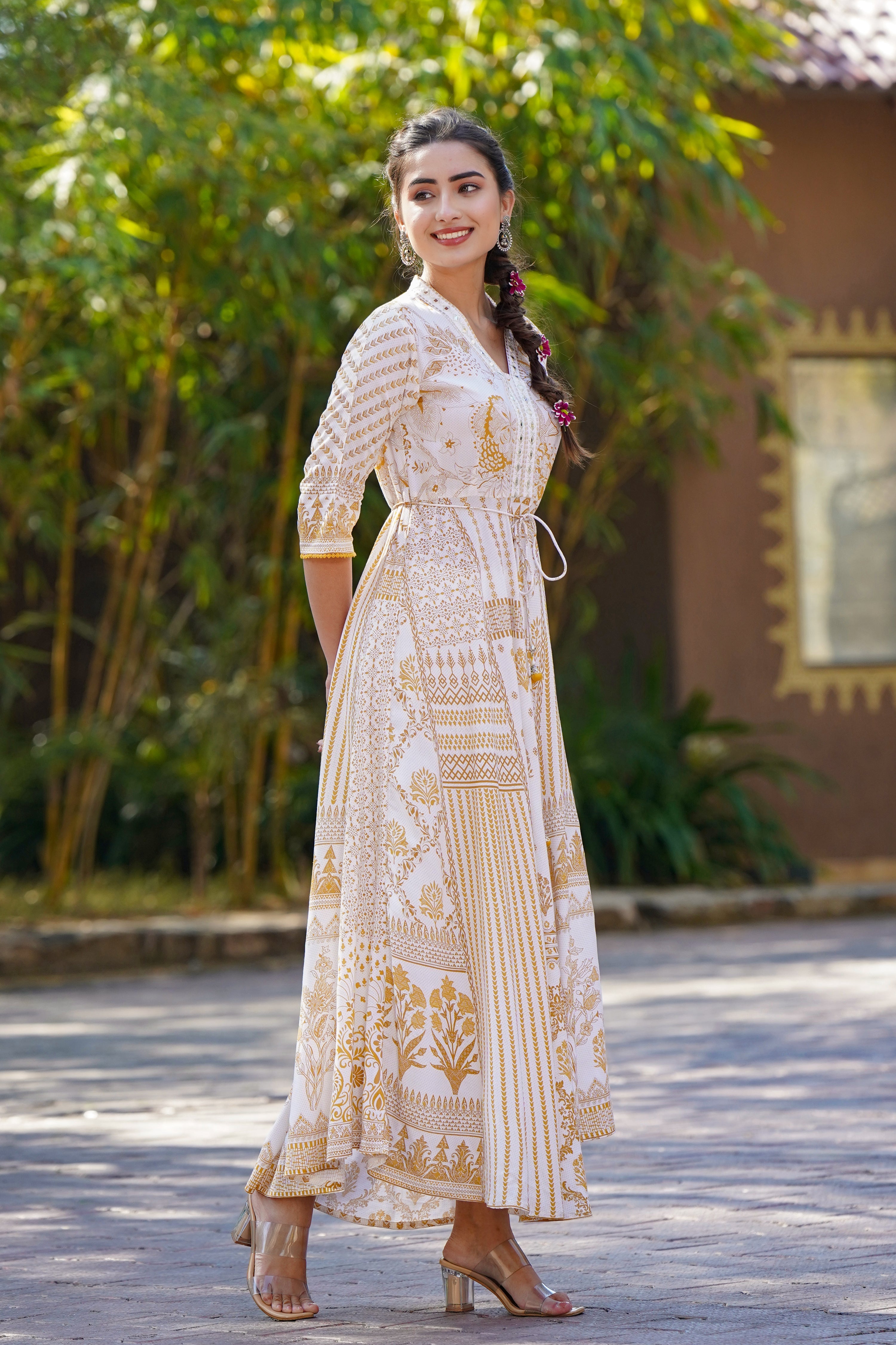Juniper Mustard Printed Rayon Lacy Maxi Dress With Mirror Embroidered Neckline & Tassels At Waist