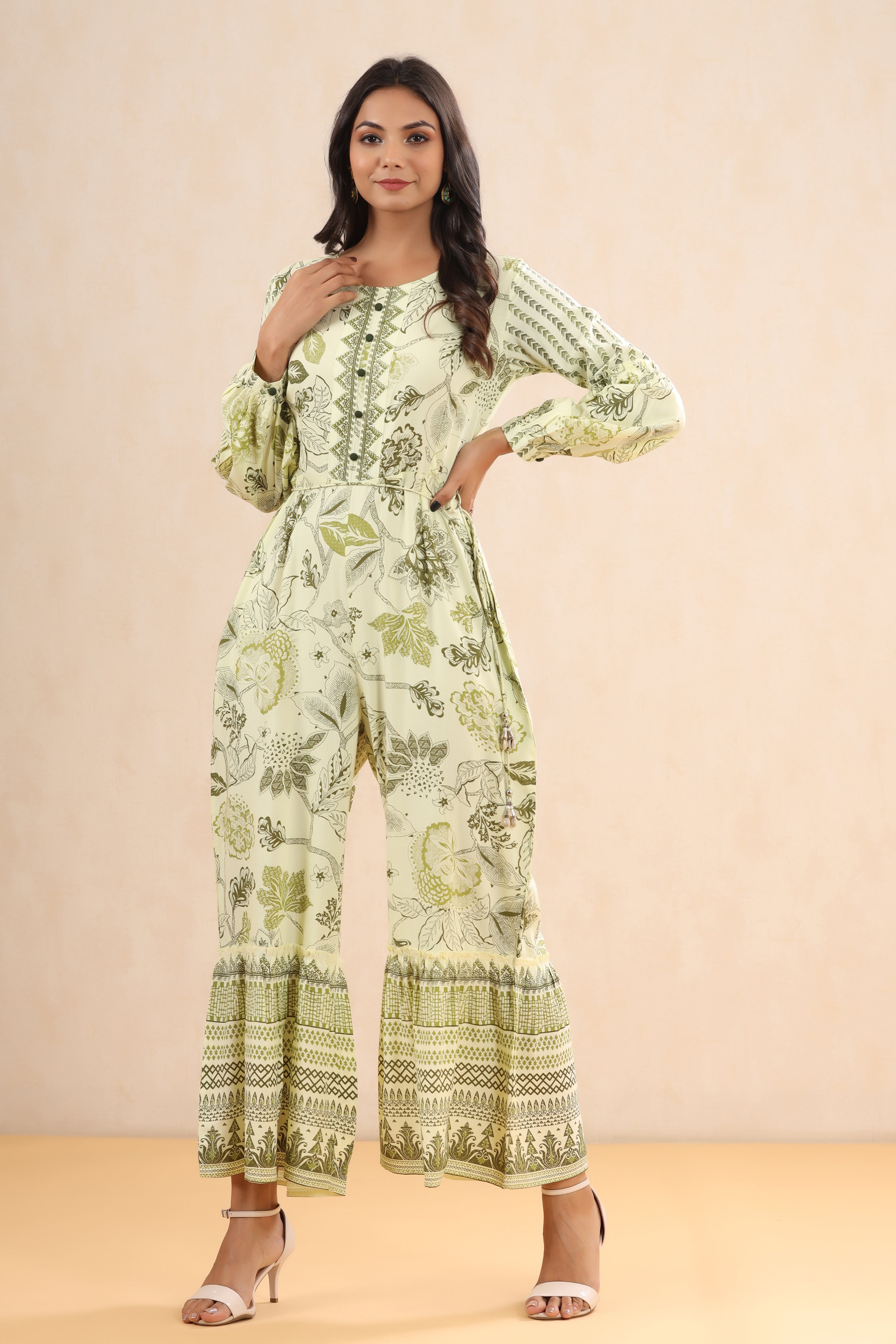 Juniper Light Olive Floral Printed Rayon Jumpsuit. - Juniper Fashion