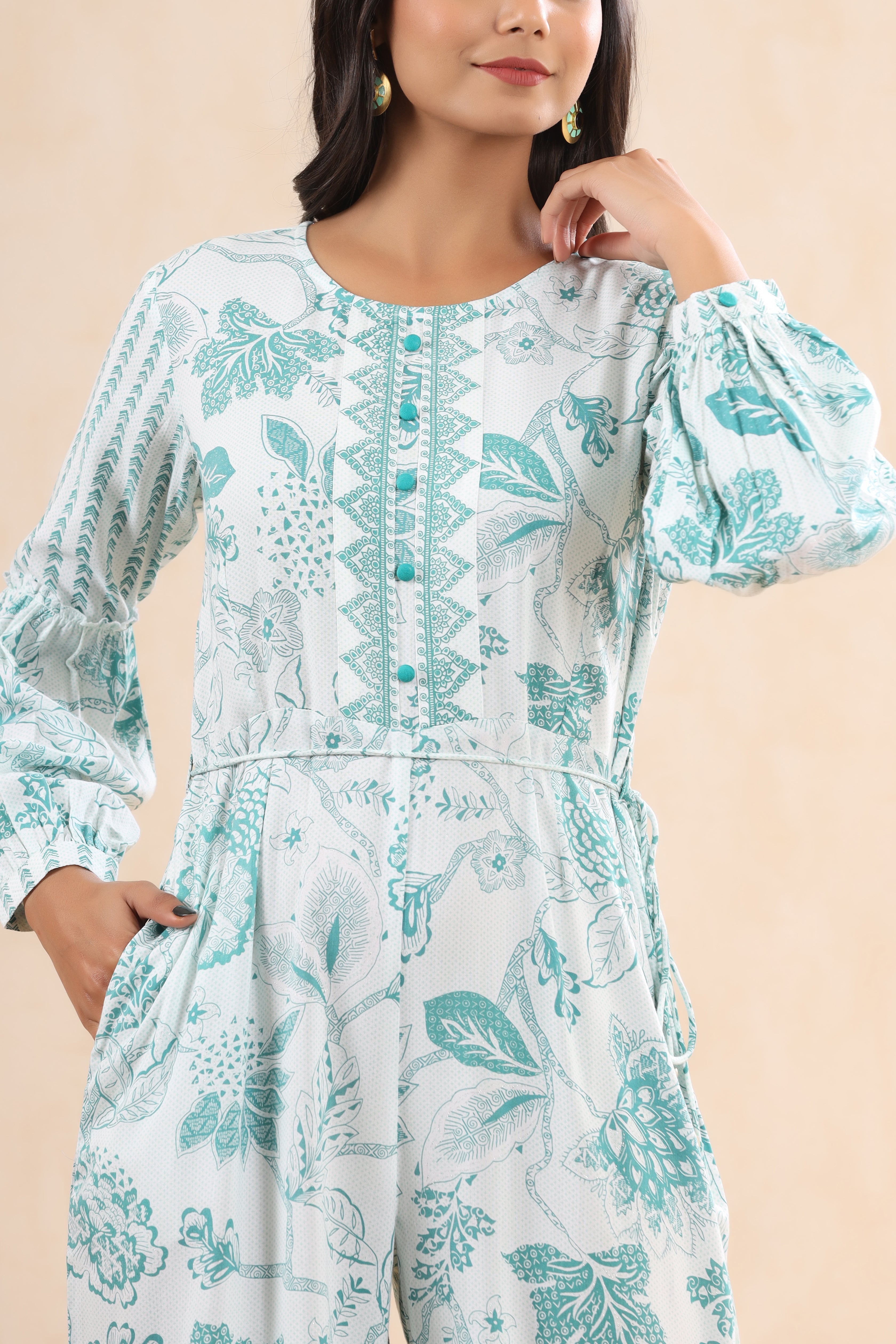 Juniper Teal Floral Printed Rayon Flared Jumpsuit. - Juniper Fashion