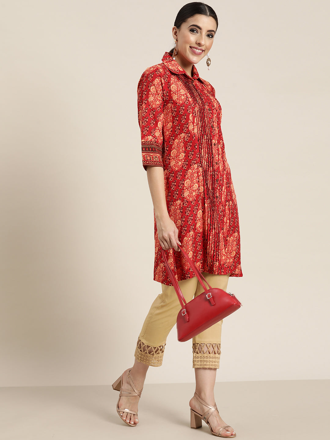 Juniper Red Ethnic Motif Printed Rayon A-Line Kurta with Buttons - Juniper Fashion