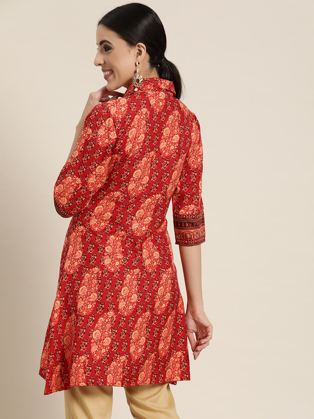 Juniper Red Ethnic Motif Printed Rayon A-Line Kurta with Buttons - Juniper Fashion