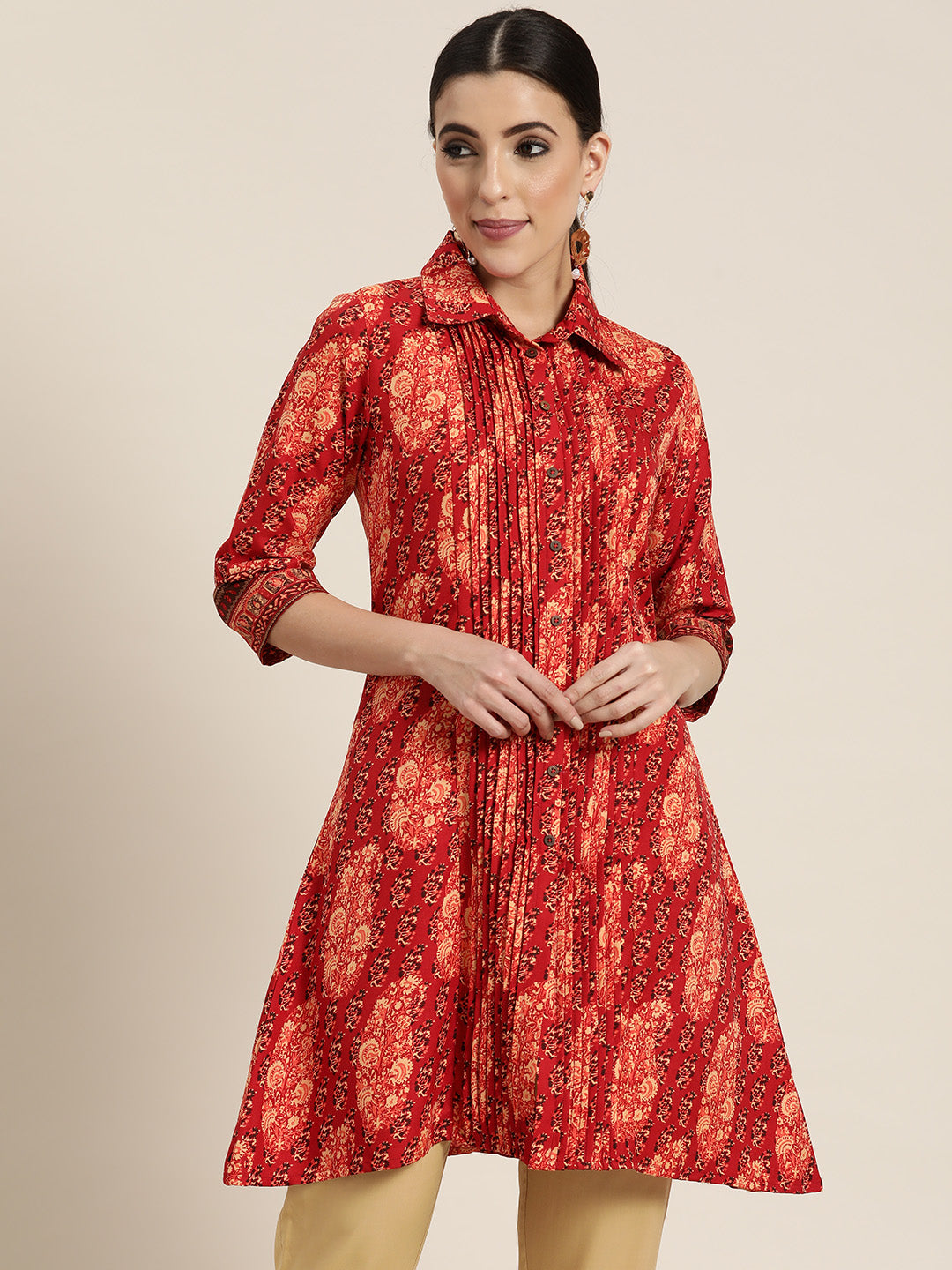 Juniper Red Ethnic Motif Printed Rayon A-Line Kurta with Buttons - Juniper Fashion