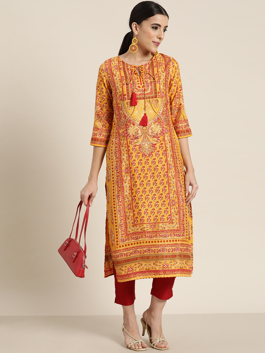 Juniper Mustard Ethnic Motif Printed Shantoon Kurta with Tassels Details - Juniper Fashion