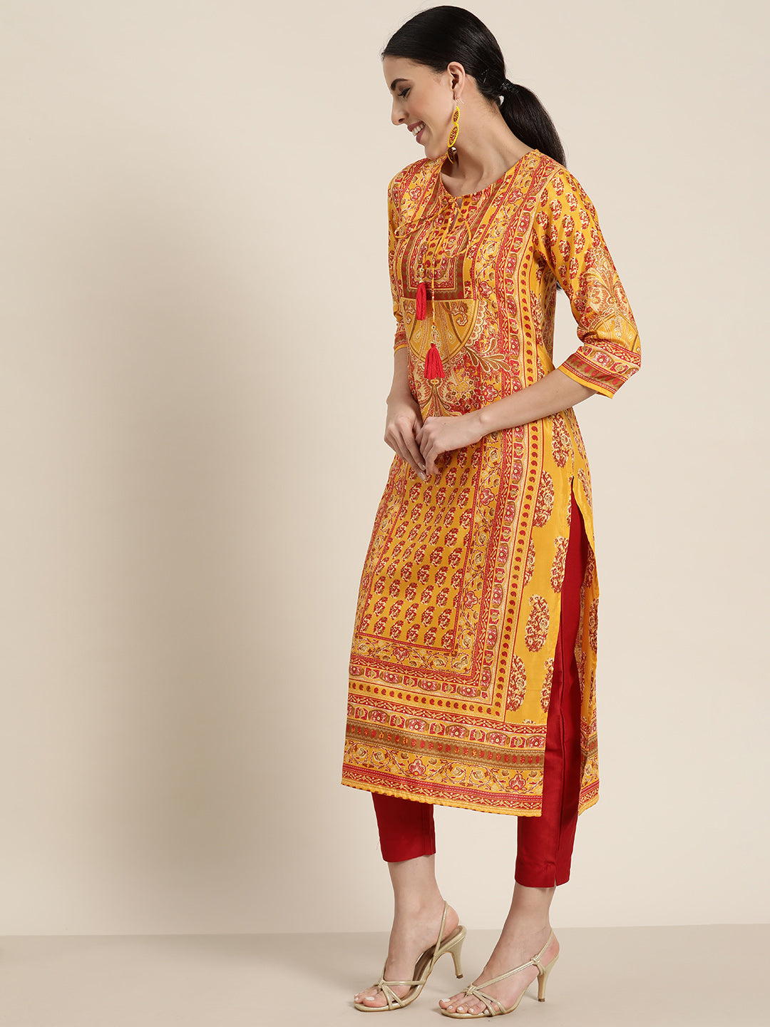 Juniper Mustard Ethnic Motif Printed Shantoon Kurta with Tassels Details - Juniper Fashion
