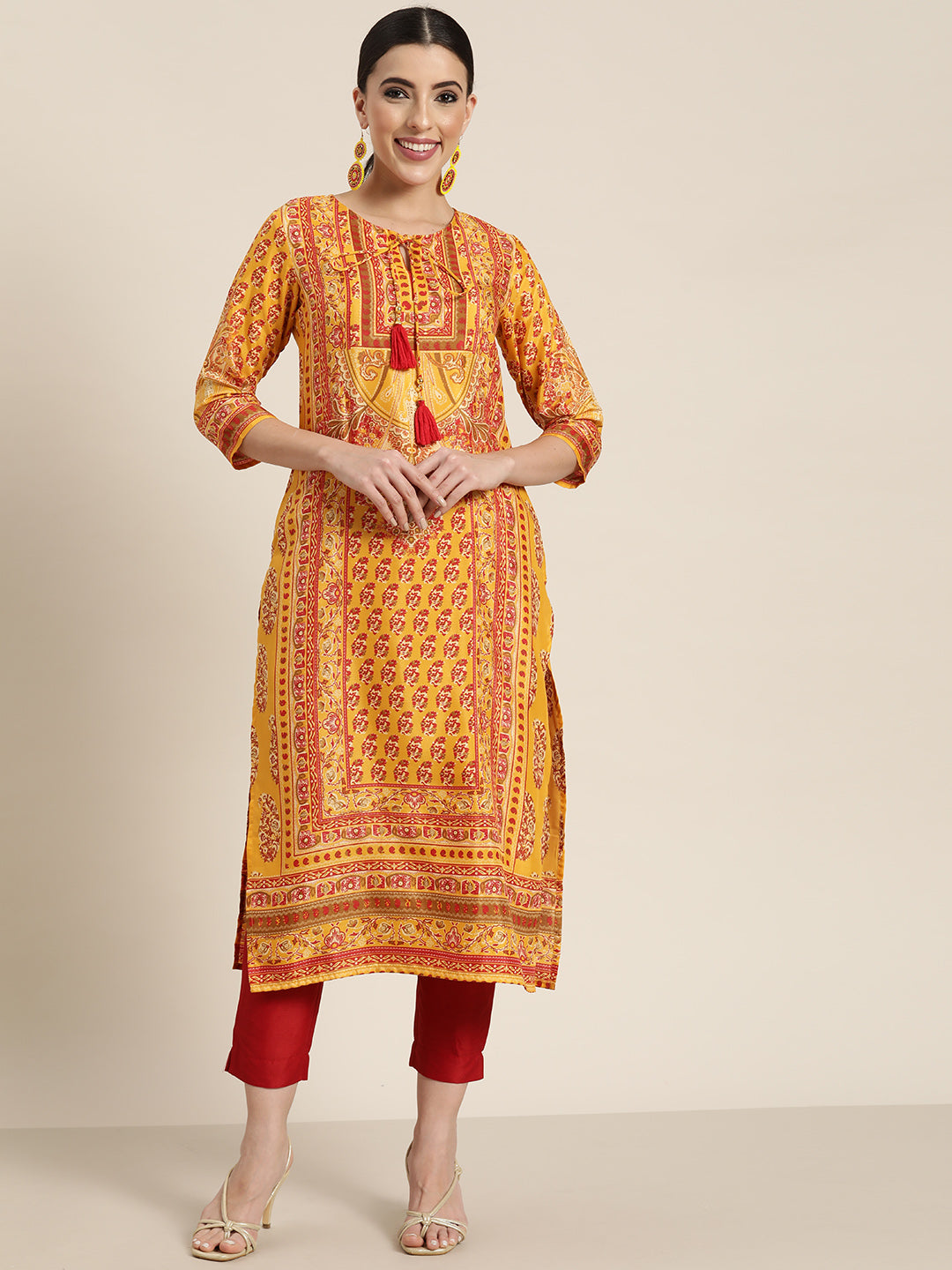 Juniper Mustard Ethnic Motif Printed Shantoon Kurta with Tassels Details - Juniper Fashion