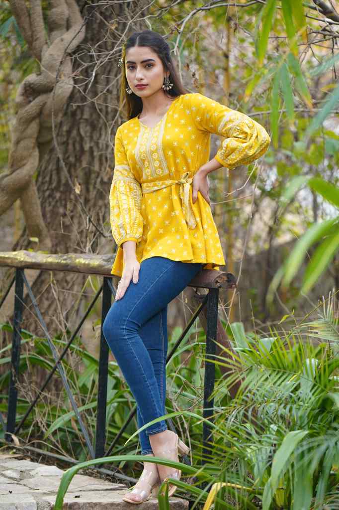 Juniper Mustard Geometric Printed Rayon Flex Peplum Tunic - Juniper Fashion