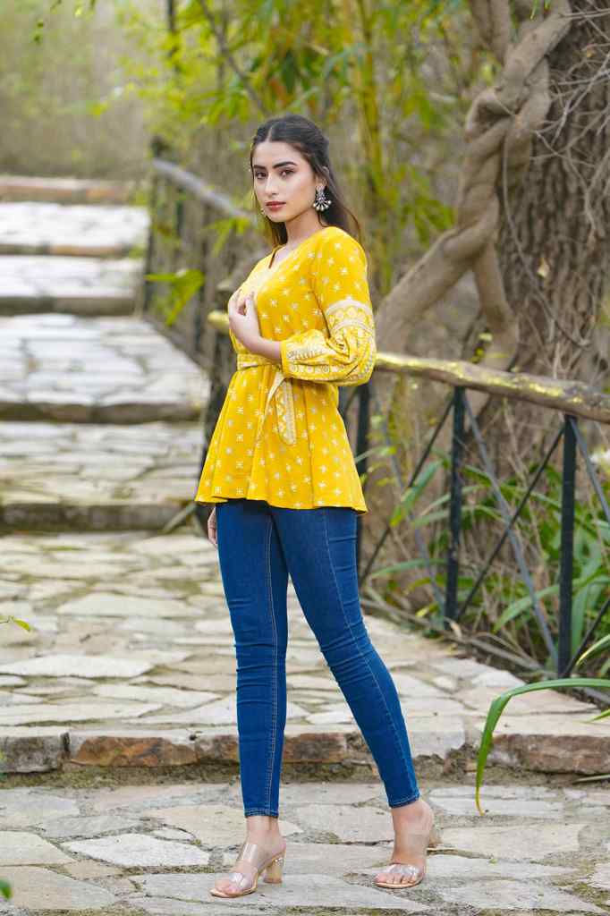 Juniper Mustard Geometric Printed Rayon Flex Peplum Tunic - Juniper Fashion