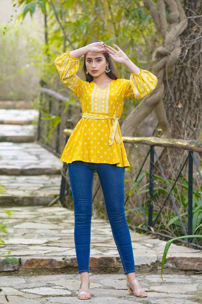 Juniper Mustard Geometric Printed Rayon Flex Peplum Tunic - Juniper Fashion
