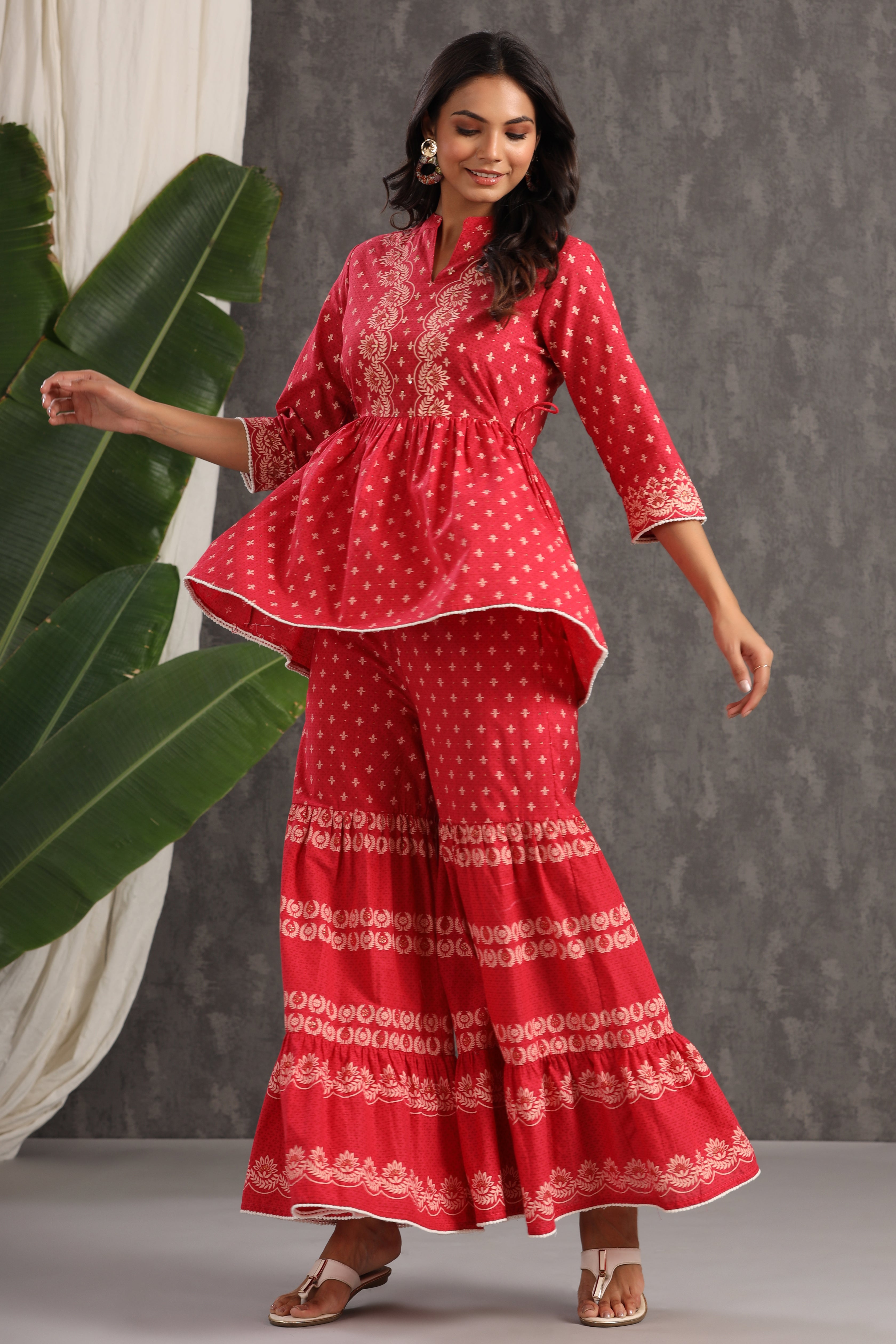 Juniper Red Ethnic Motif Printed Pure Cotton Tunic & Sharara With Sequins & Lace Detail