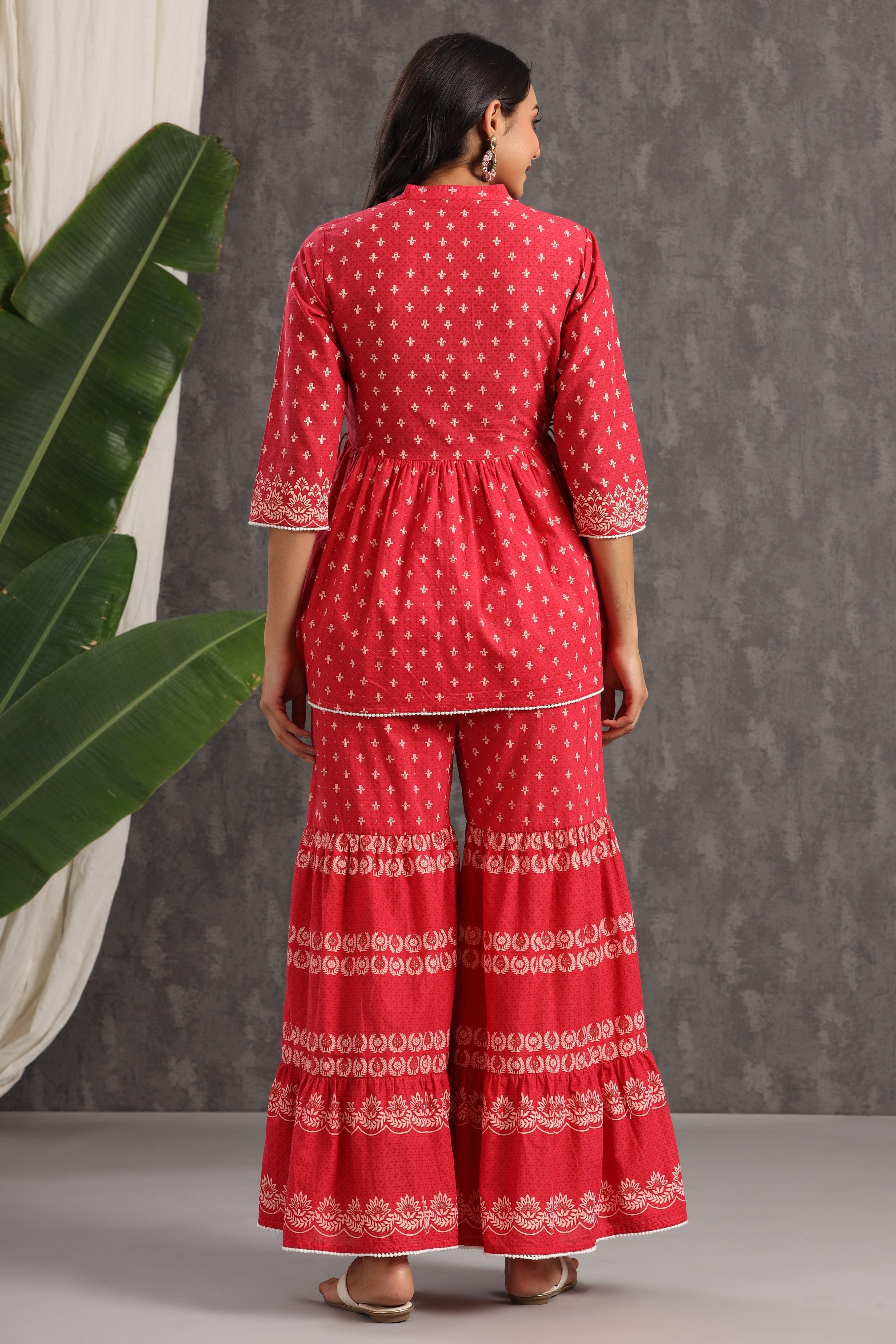 Juniper Red Ethnic Motif Printed Pure Cotton Tunic & Sharara With Sequins & Lace Detail