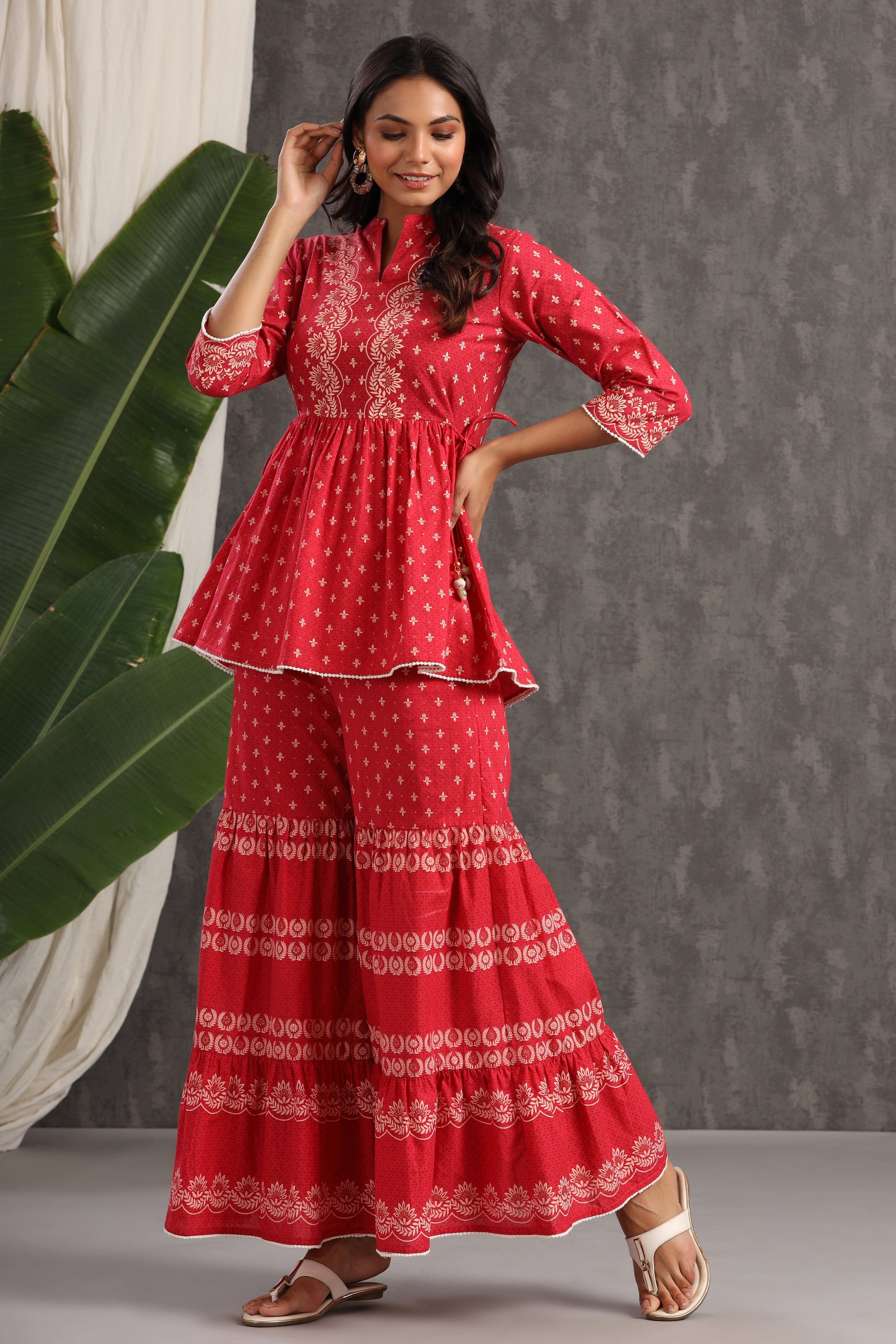 Juniper Red Ethnic Motif Printed Pure Cotton Tunic & Sharara With Sequins & Lace Detail