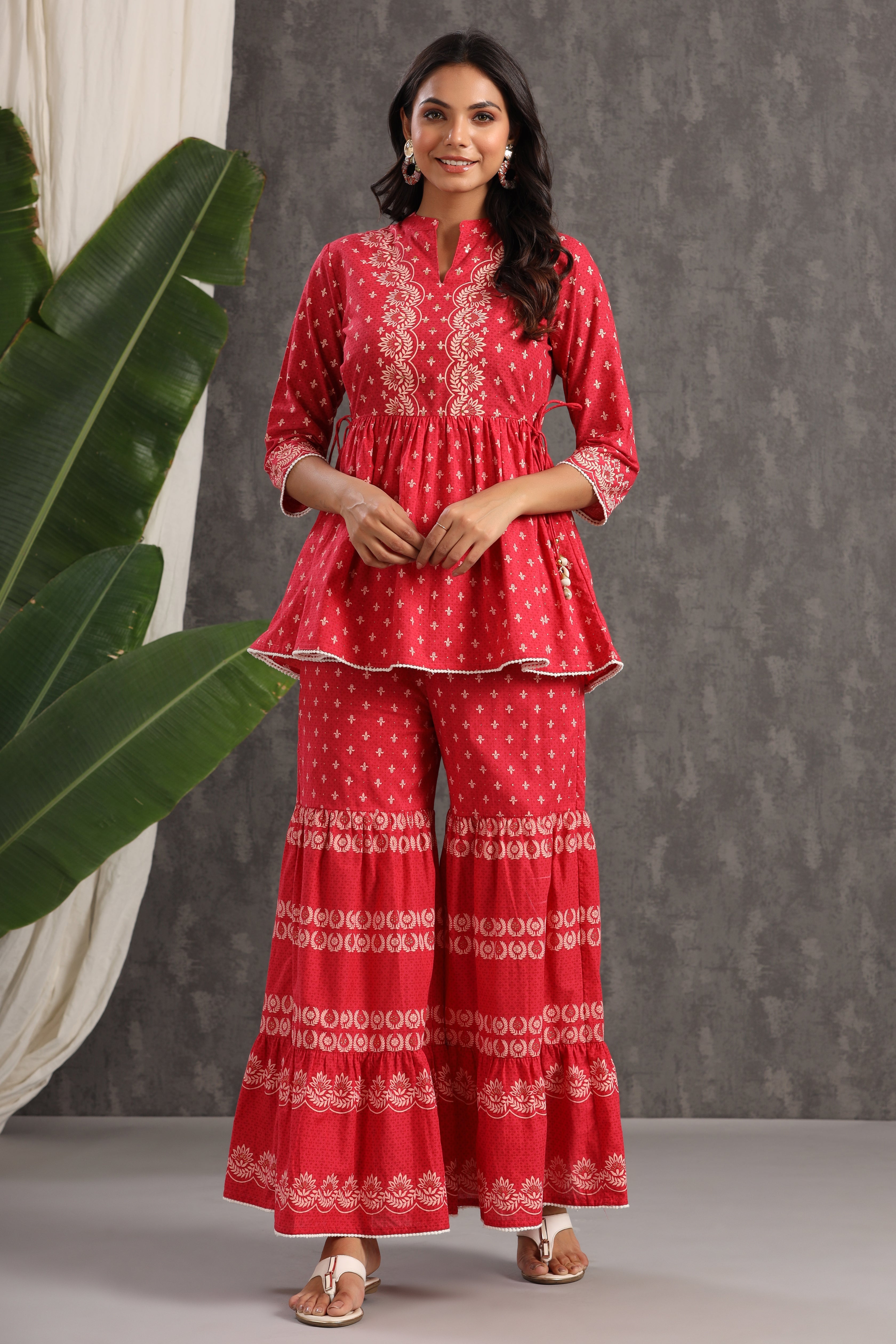 Juniper Red Ethnic Motif Printed Pure Cotton Tunic & Sharara With Sequins & Lace Detail