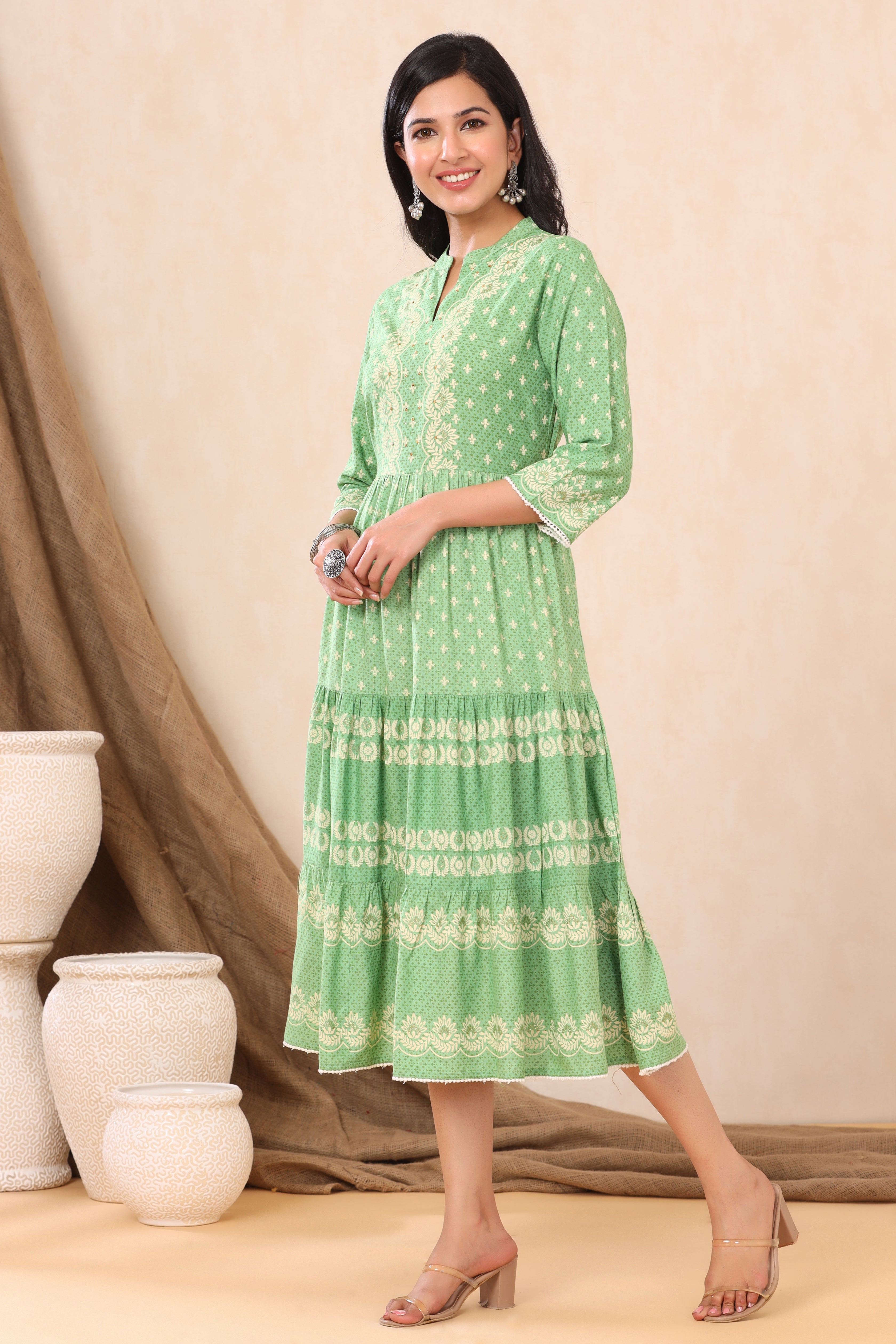 Juniper Green Ethnic Motif Printed Rayon Tiered Maxi Dress