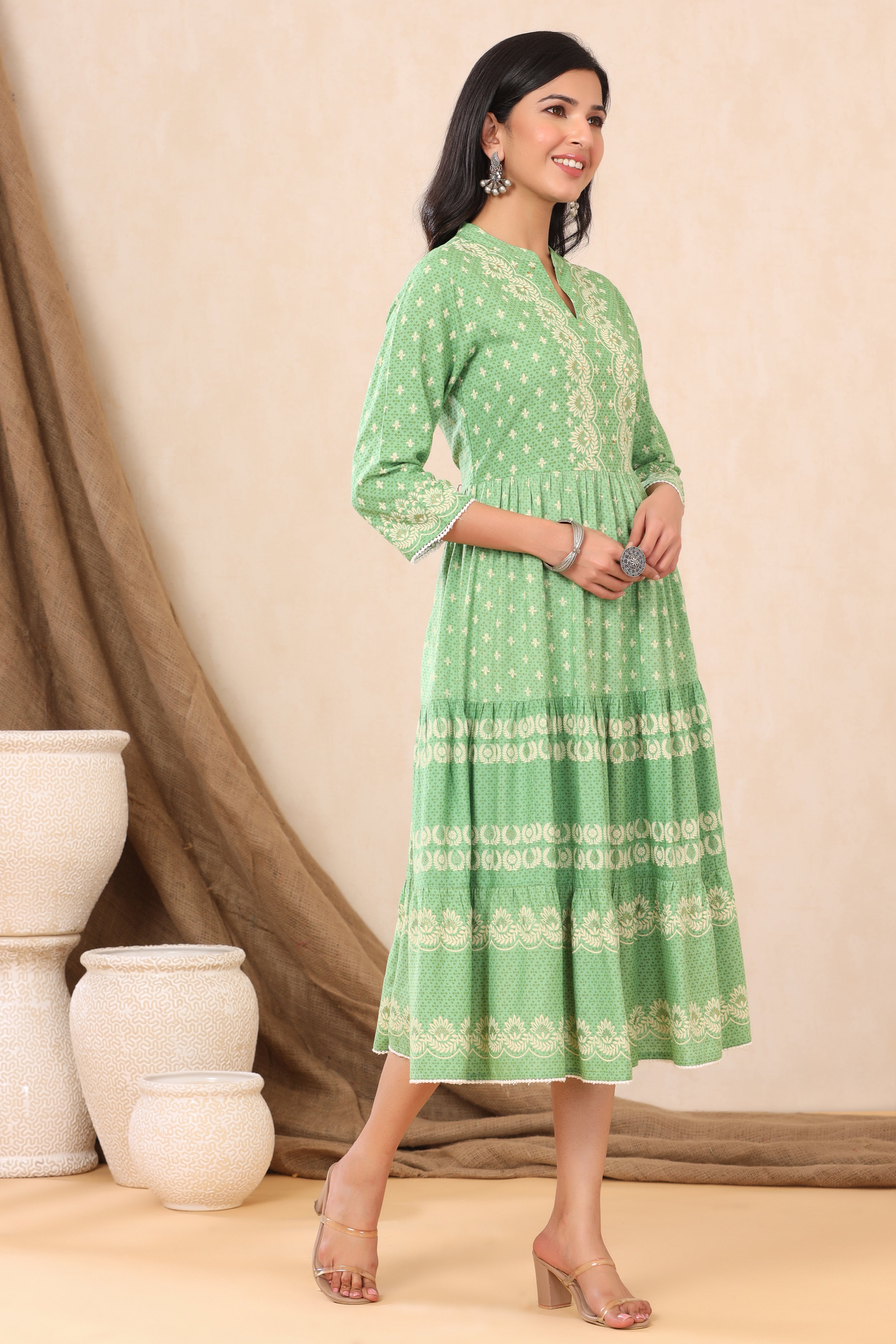 Juniper Green Ethnic Motif Printed Rayon Tiered Maxi Dress