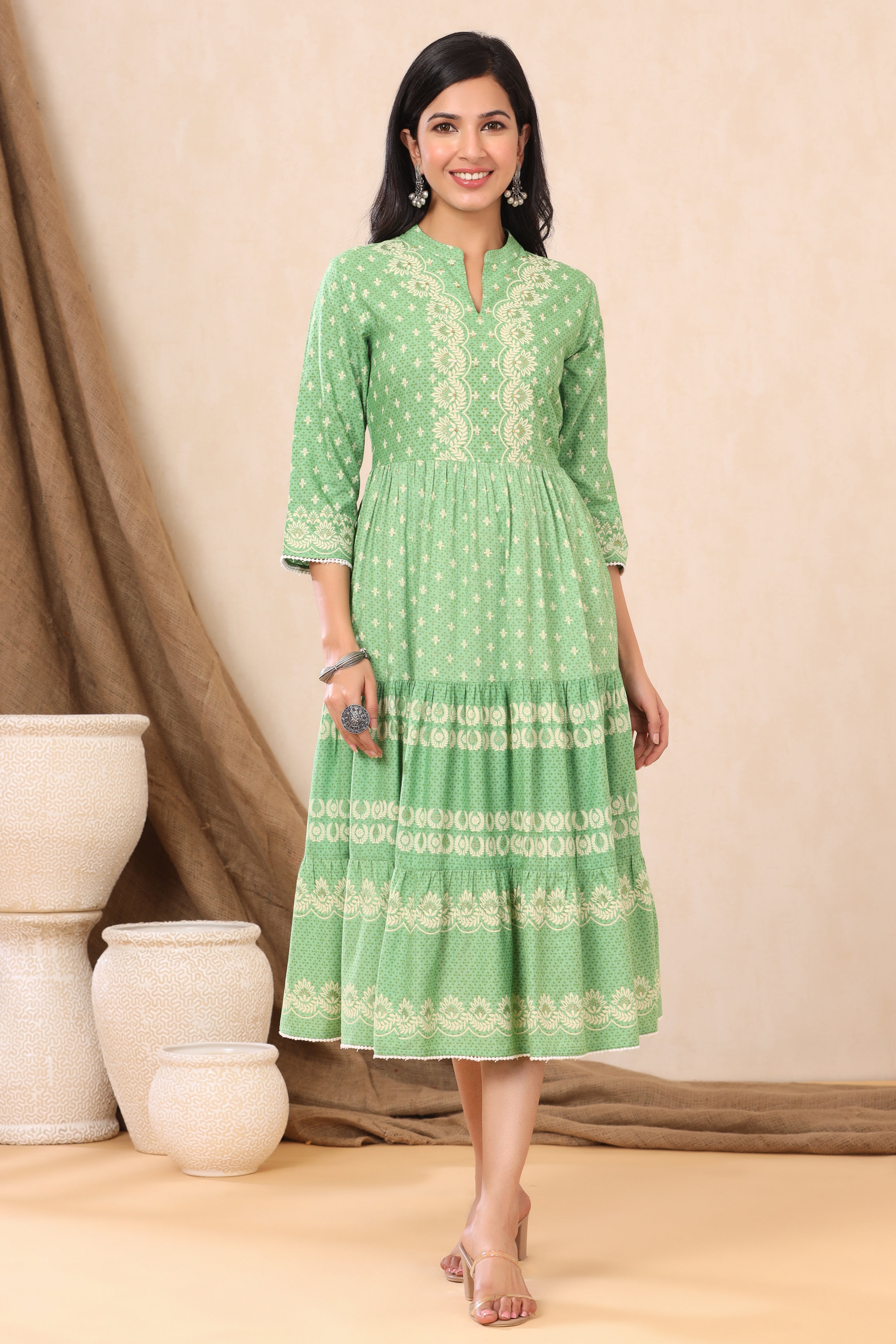 Juniper Green Ethnic Motif Printed Rayon Tiered Maxi Dress