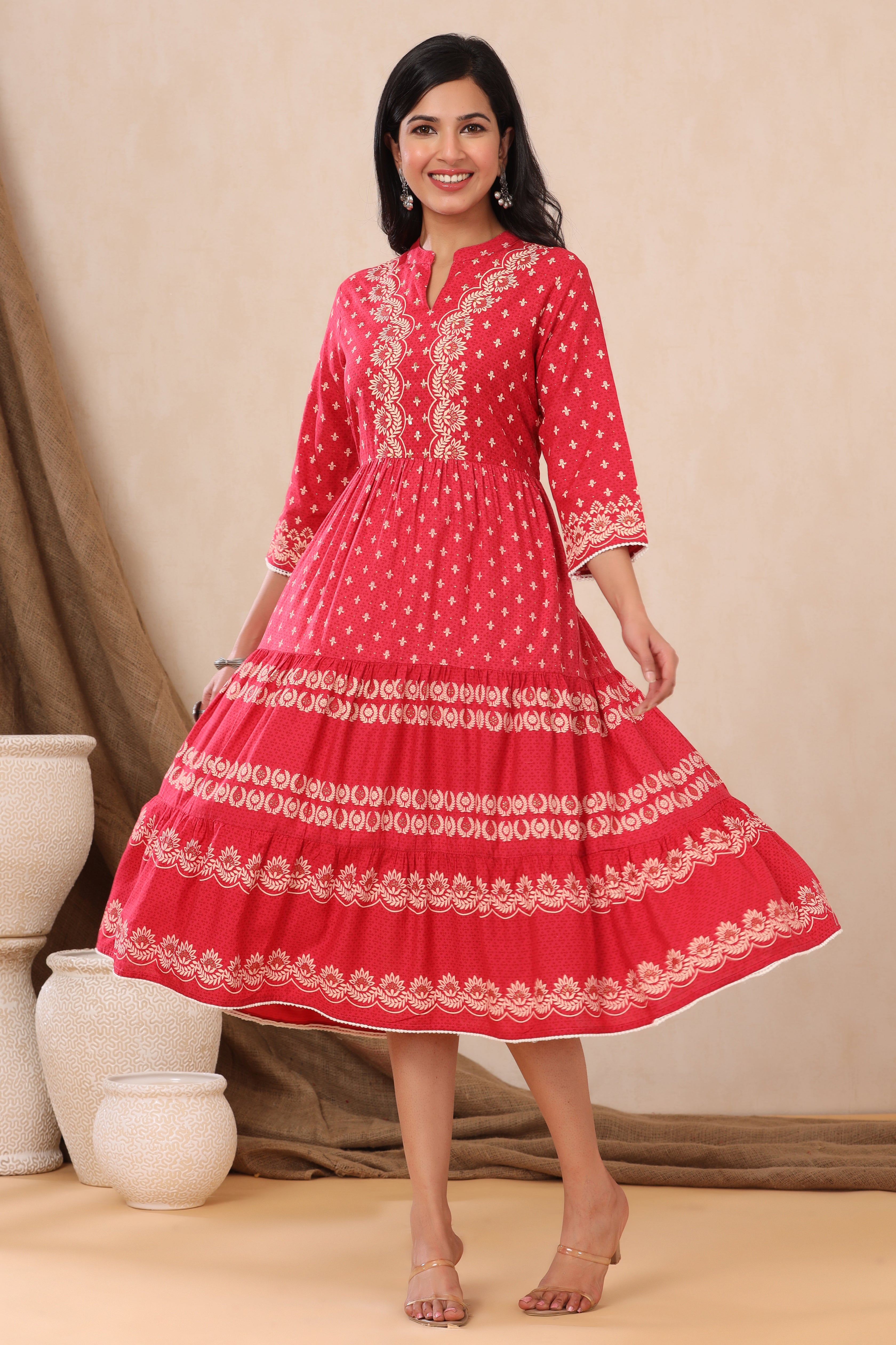 Juniper Red LIVA Rayon Printed Tiered Dress